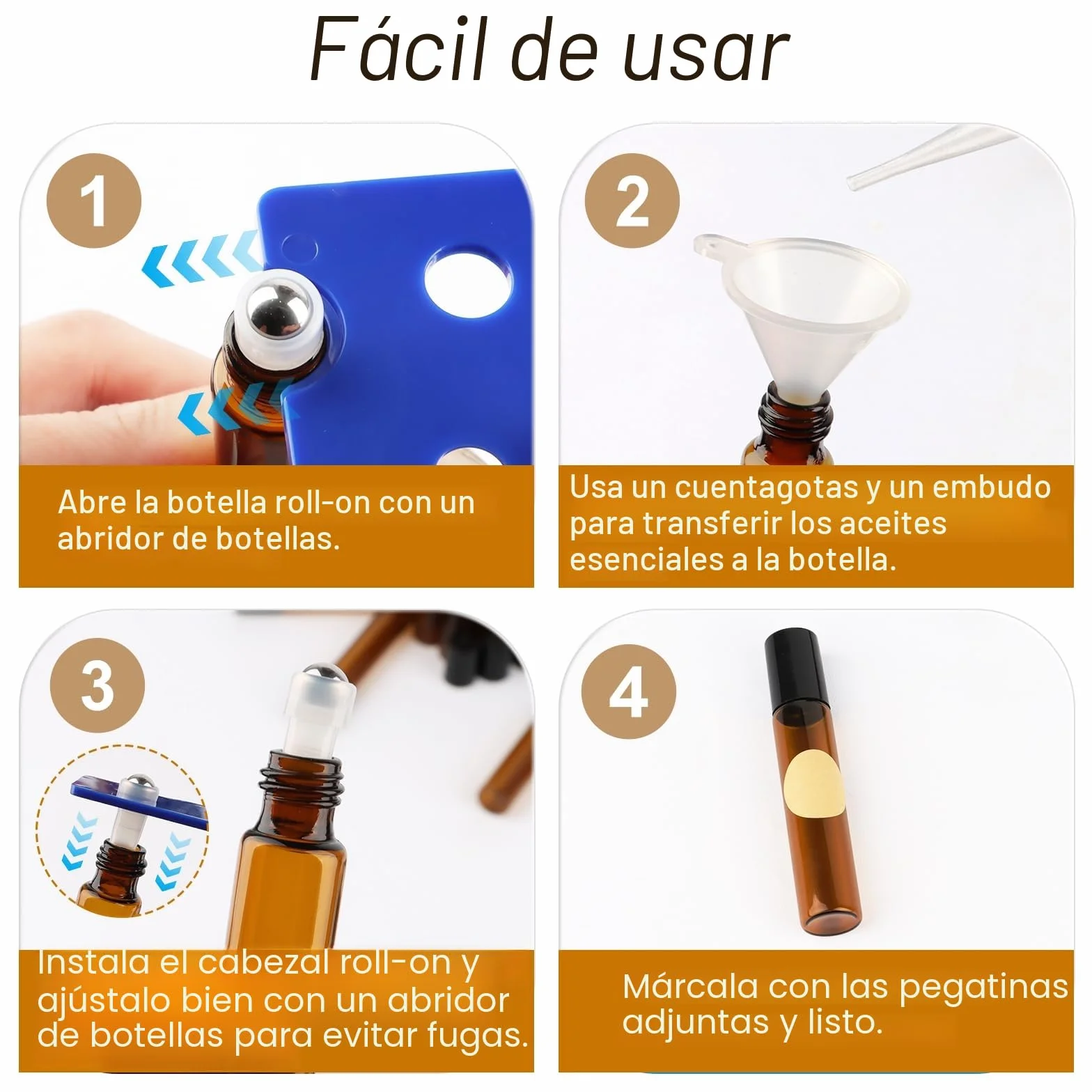 Botella Roll On Cristal 10ml Marrón, 16 Piezas con Bola de Acero Inoxidable para Aceites Esenciales