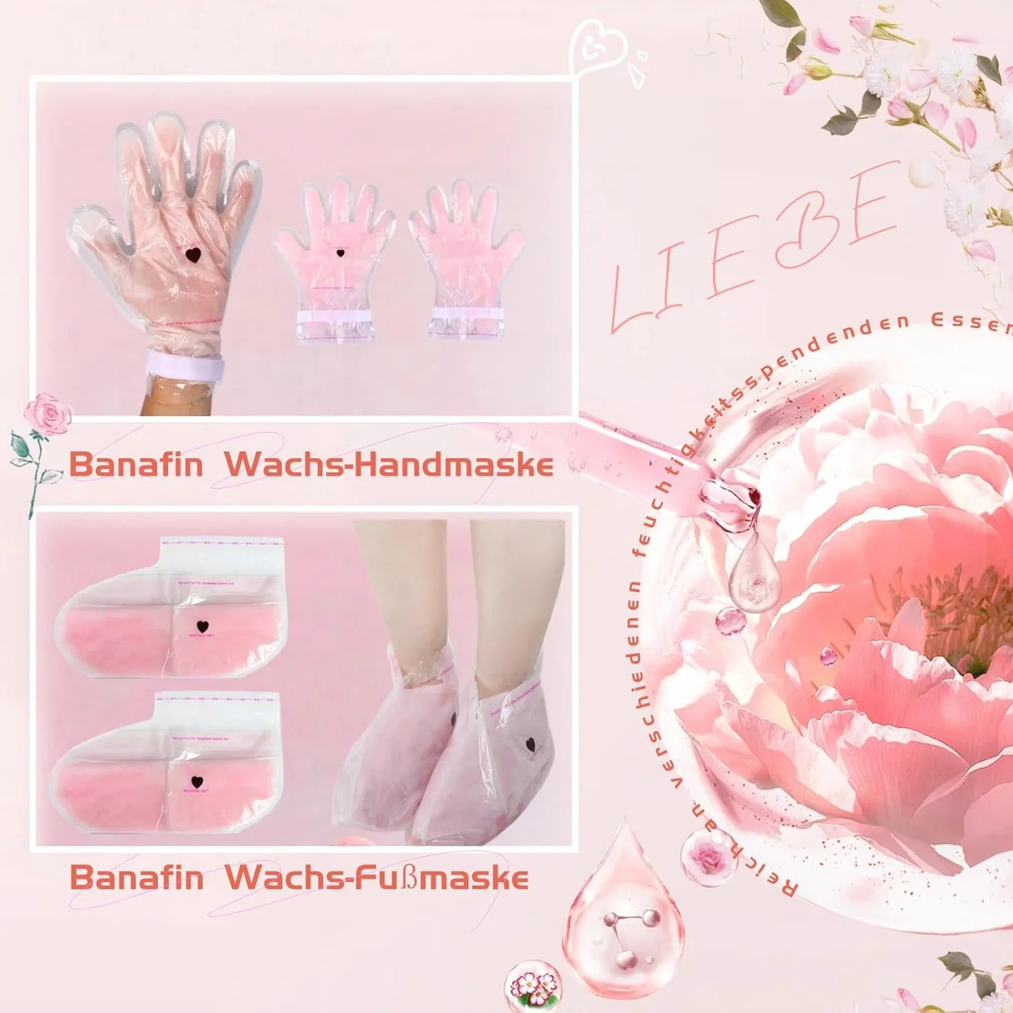 Guantes de Tratamiento de Cera de Parafina para Manos y Pies, 4 Pares Guantes de Cera Rosados, Máscara de Cera Curativa Suavizante para Piel Seca y Agrietada | Cuidado Intensivo de Manicura y Pedicura
