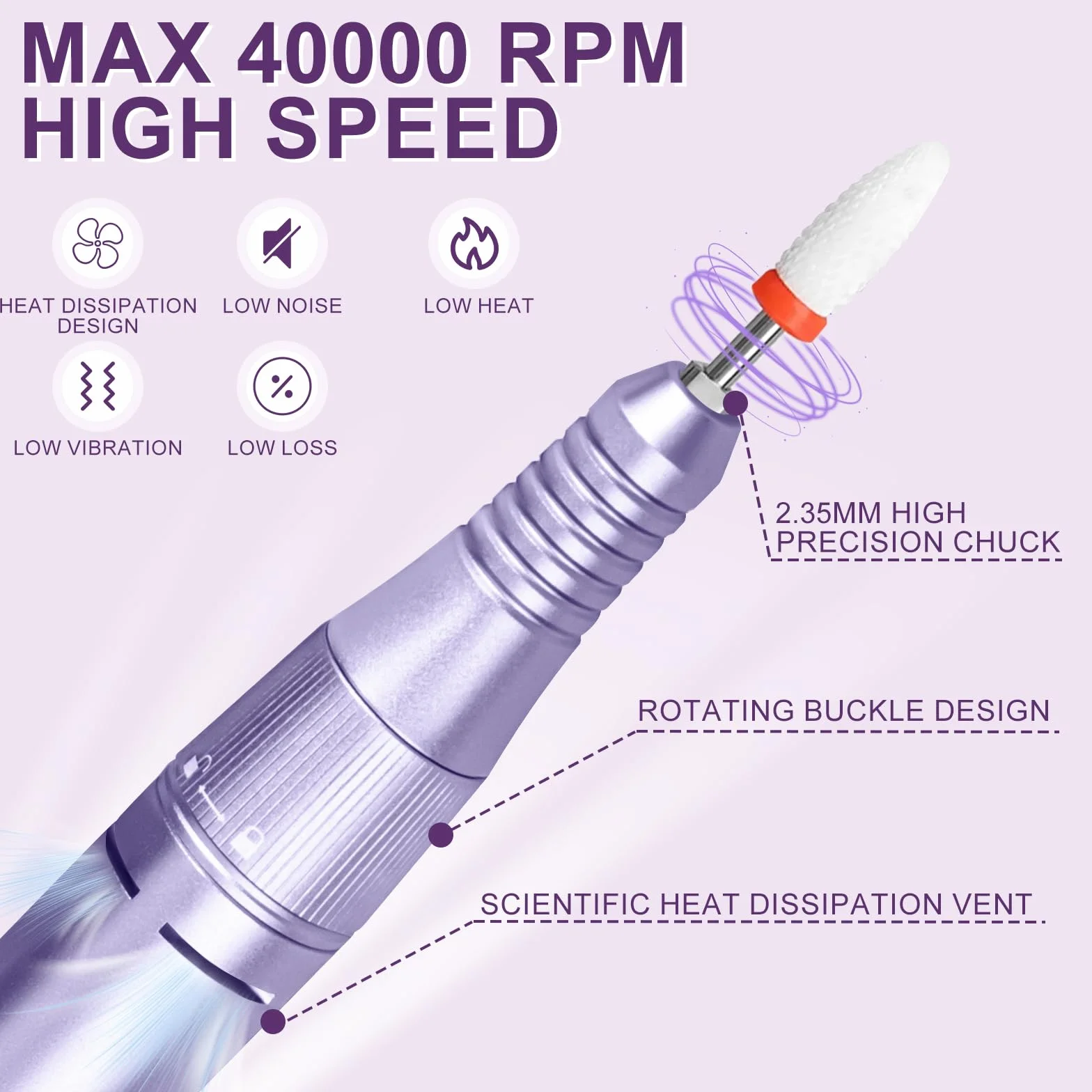 Taladro de uñas profesional 40000 RPM, Urbuti 12 en 1 Lima de uñas eléctrica 4000 mAh con pantalla LCD, velocidad ajustable, silencioso, taladro de manicura portátil para salón/hogar (púrpura)