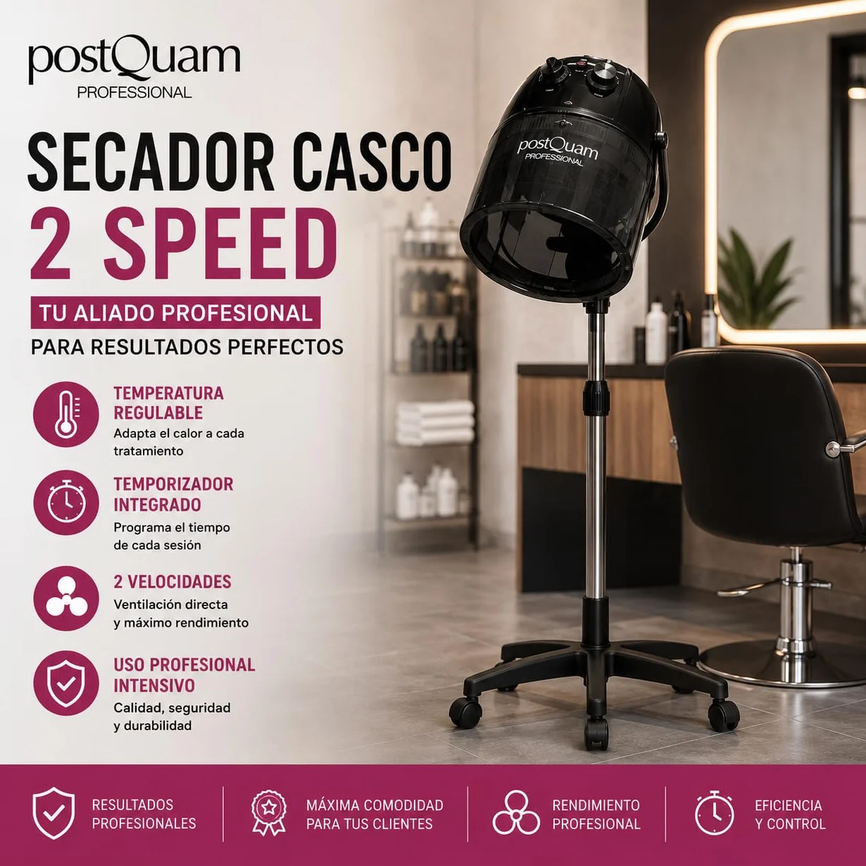 Italian Design Secador Casco 2 Speed Termo Regulador Tiempo Campana Plástico Ahumado Altura Ajustable 86-122 cm Ruedas Flexibles