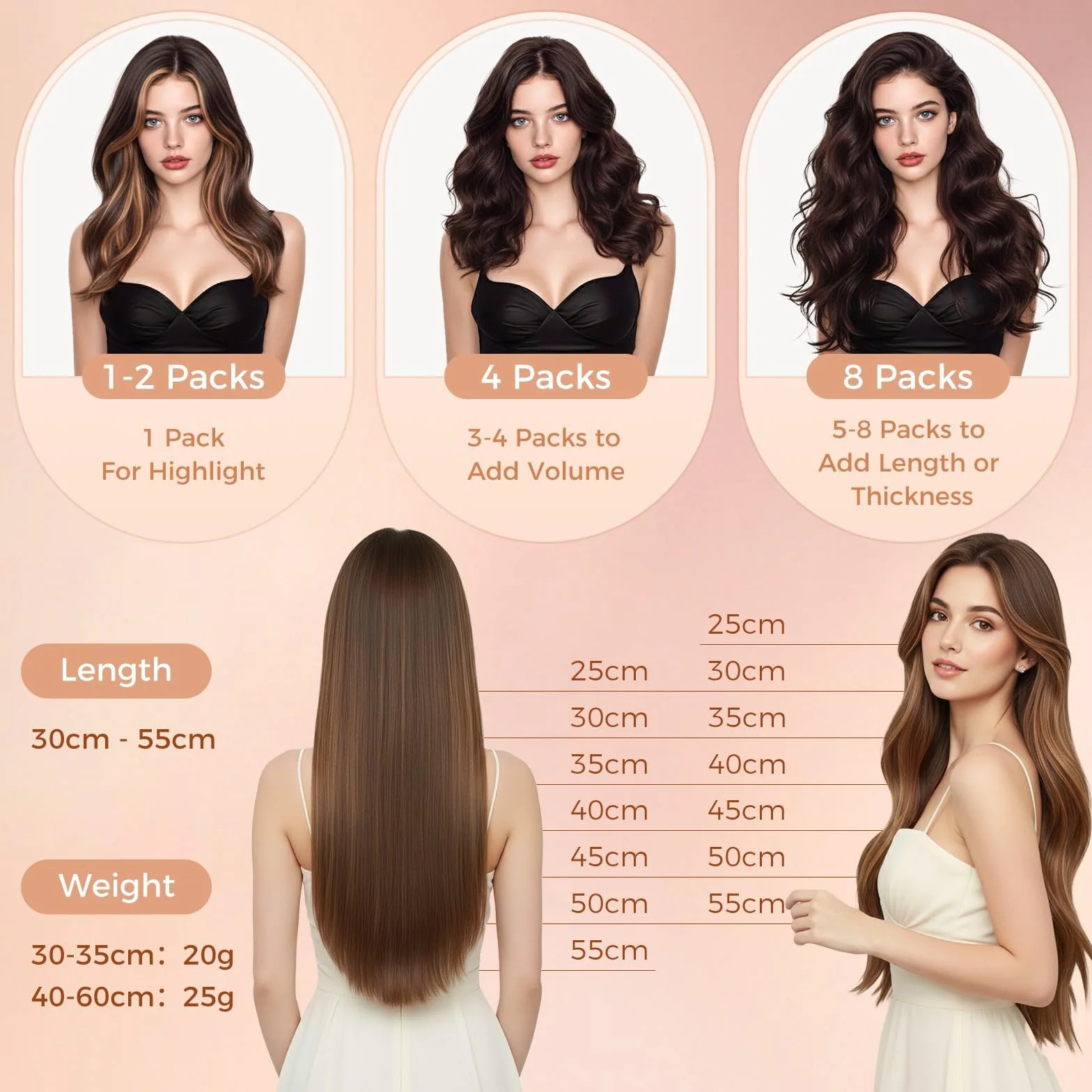 MY-LADY 10Piezas Extensiones Cabello Humano Natural Liso 50cm #02 Marrón Oscuro 25g