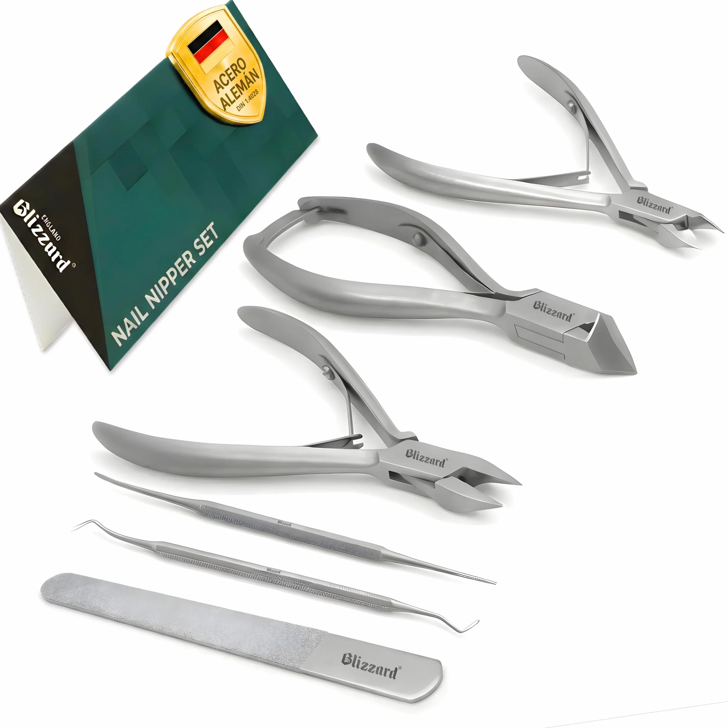Blizzard Set de Podología Profesional 5 Piezas - Kit Pedicura para Uñas Gruesas y Encarnadas - Herramientas de Acero Inoxidable con Cortaúñas Alicates Cortacutículas Lima Elevador Podología Completo