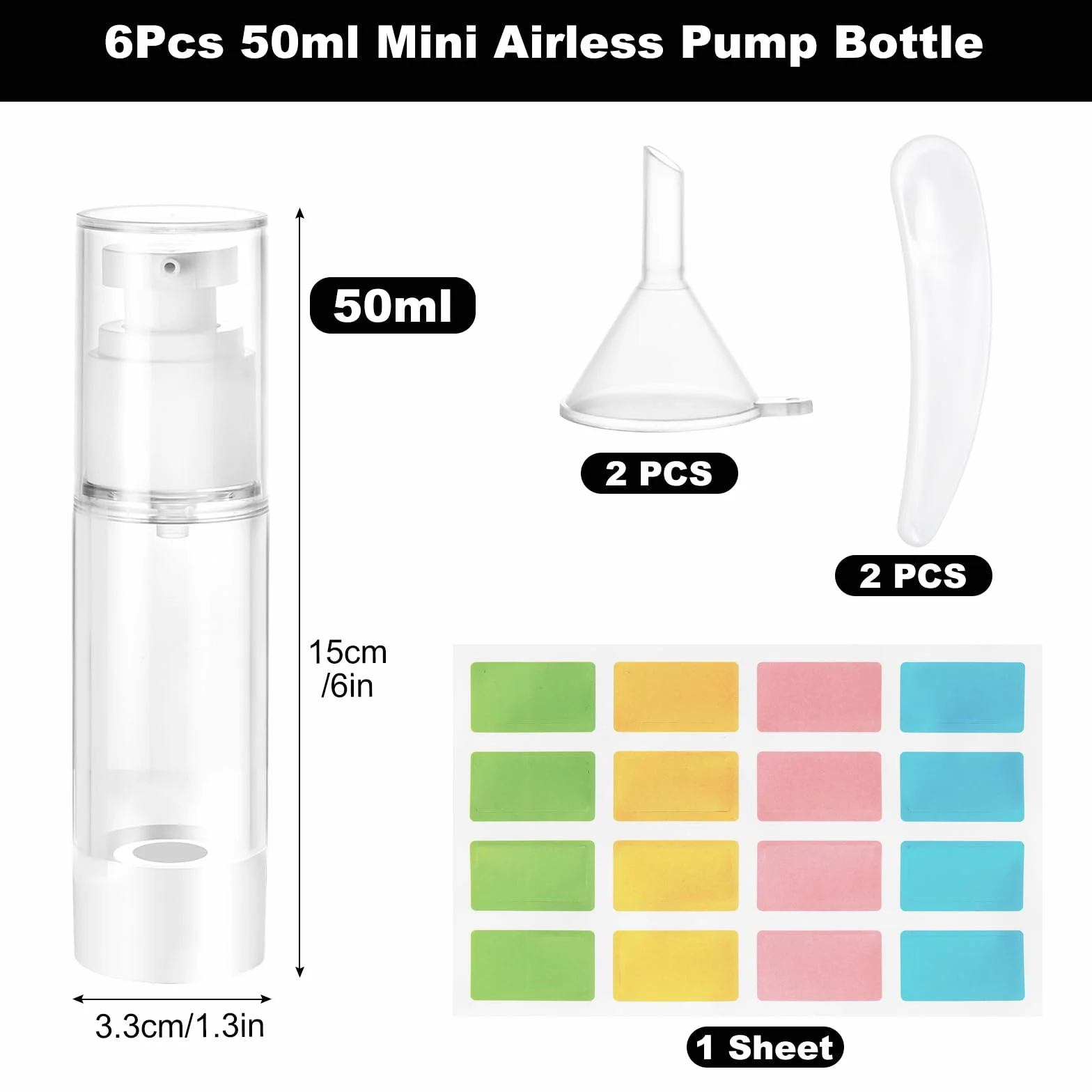 Botellas de Loción al Vacío 50ml, 6 Piezas, Bote Airless con Bomba, Reutilizable, con Espátula, Embudo, Pegatinas