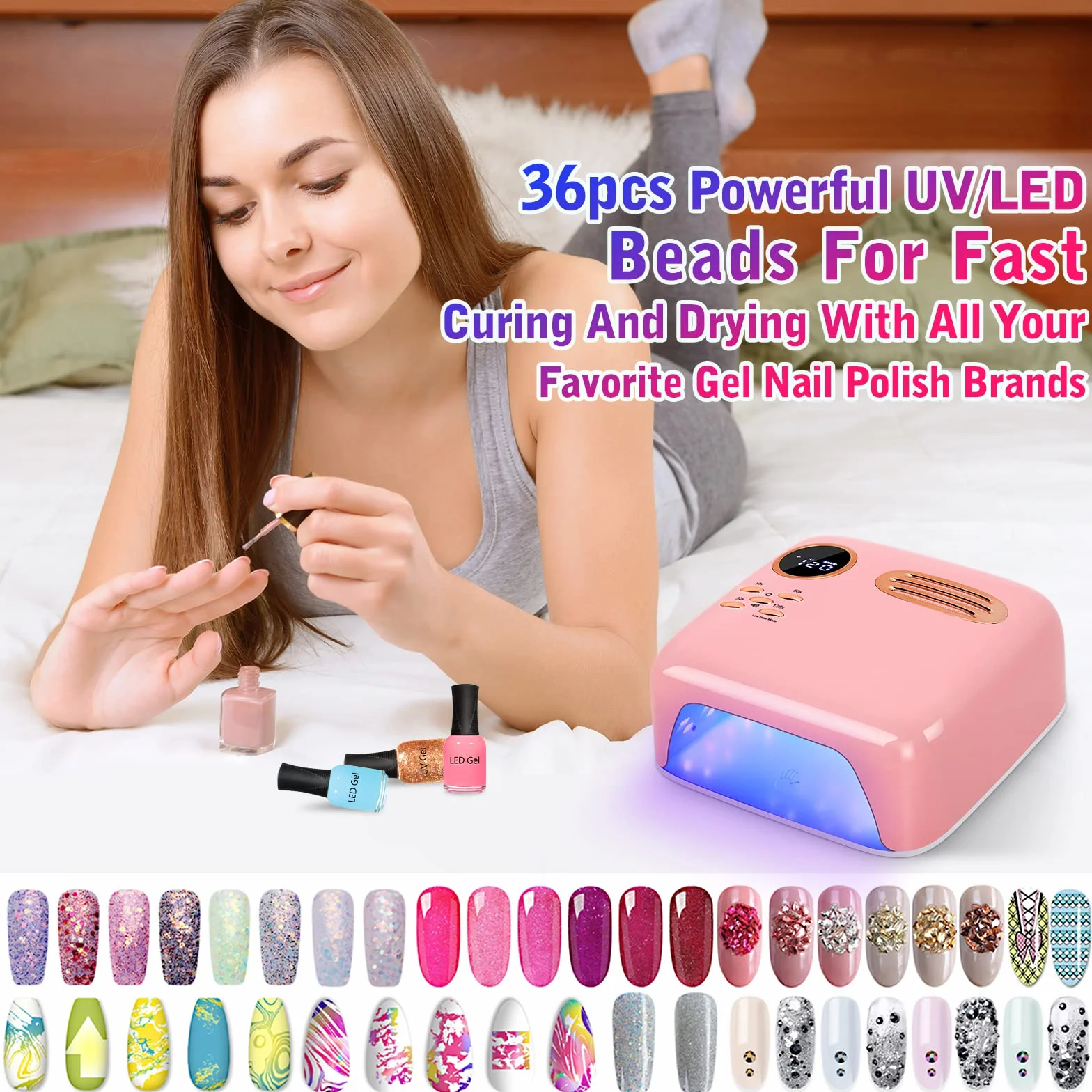Lámpara de uñas LED UV inalámbrica - Secador de uñas profesional de 72 W con 36 cuentas UV/LED, batería recargable de 15600 mAh, 4 temporizadores, sensor automático, luz de curado de esmalte