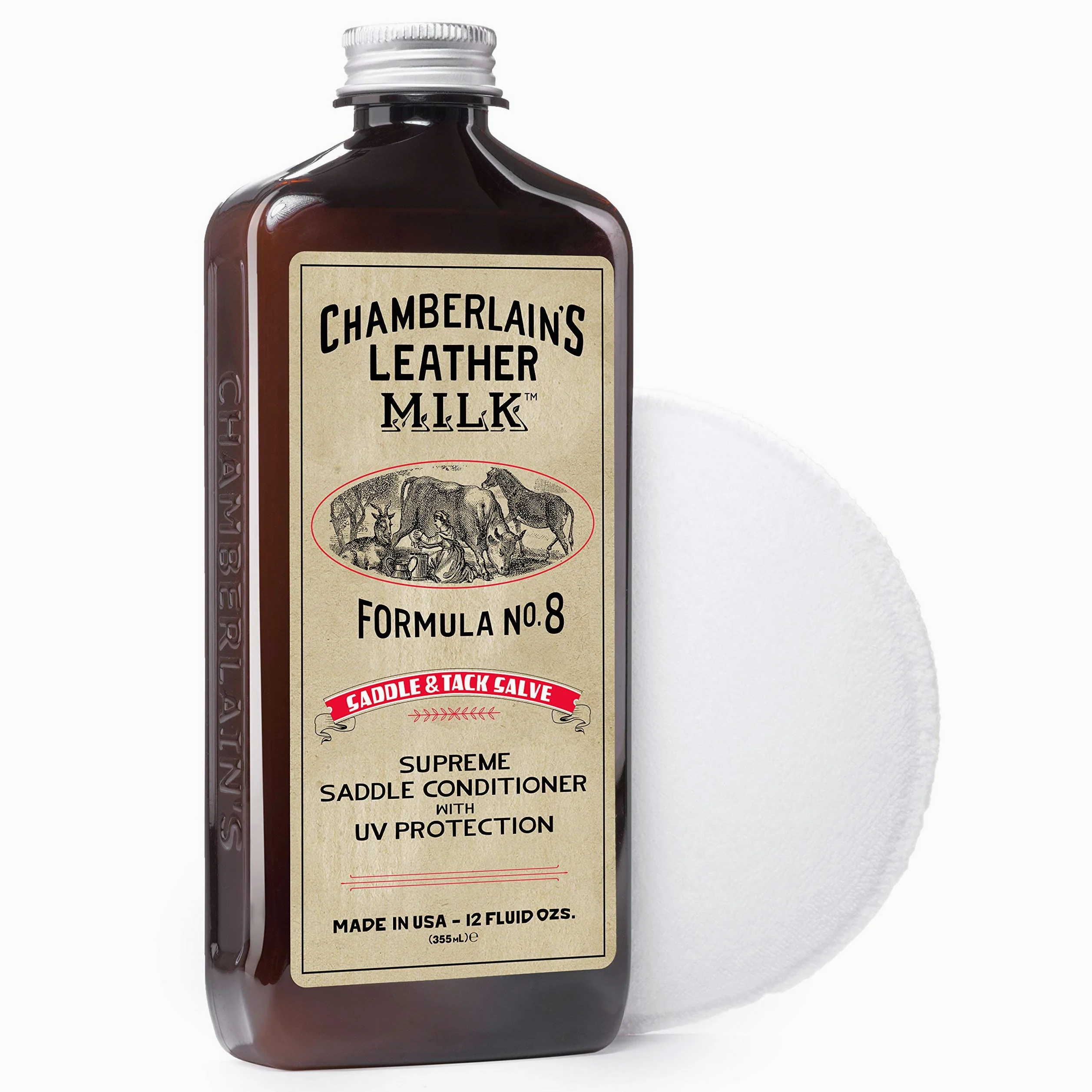 Chamberlain's Leather Milk - Saddle Conditioner No. 8 - Acondicionador Natural para el Cuero de Bridas y monturas - Protección contra los Rayos UV - con Almohadilla de aplicación