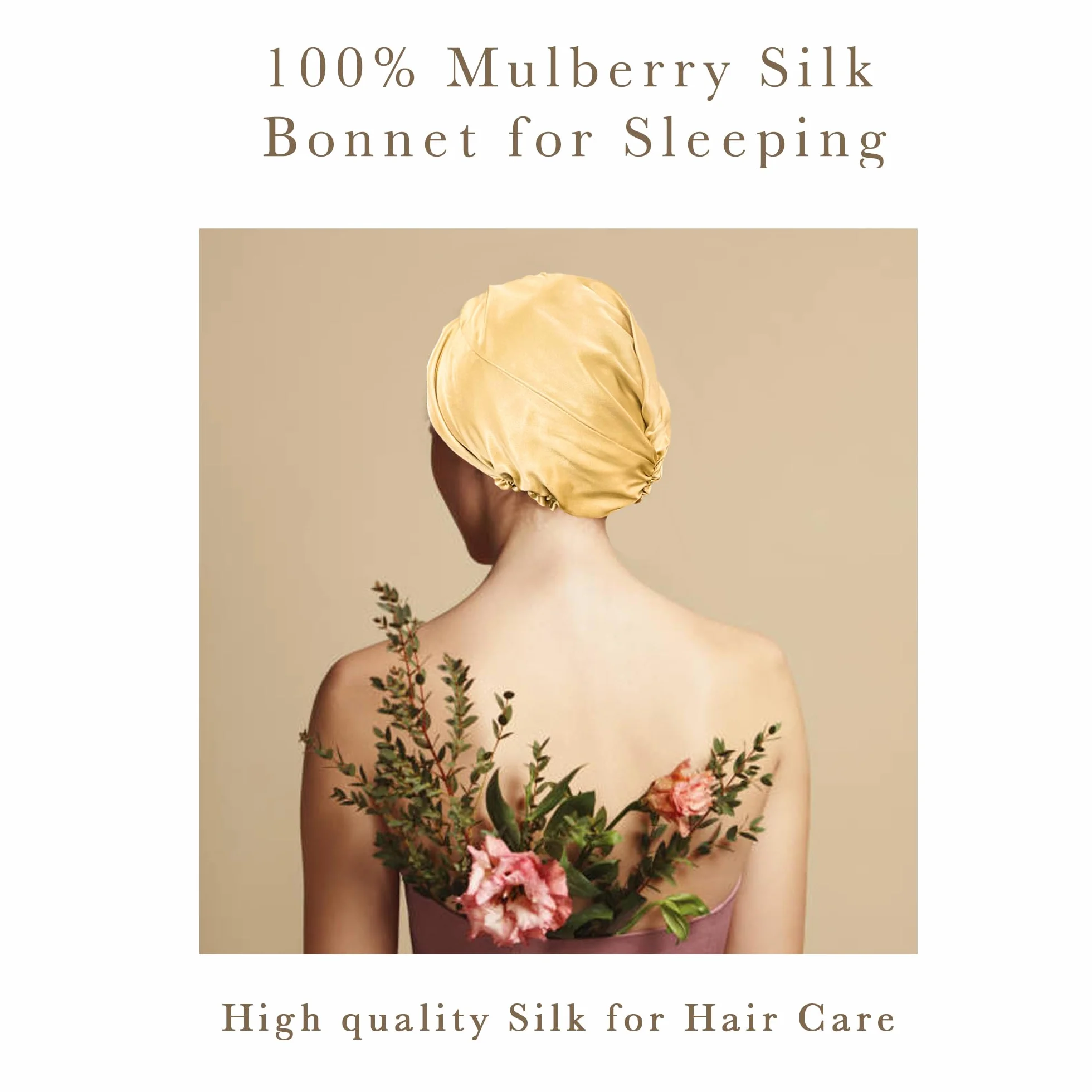 Simnice Gorro de seda de morera para dormir para mujeres y niñas, envoltura grande de seda de doble capa con banda elástica suave, turbante de seda antideslizante, champán