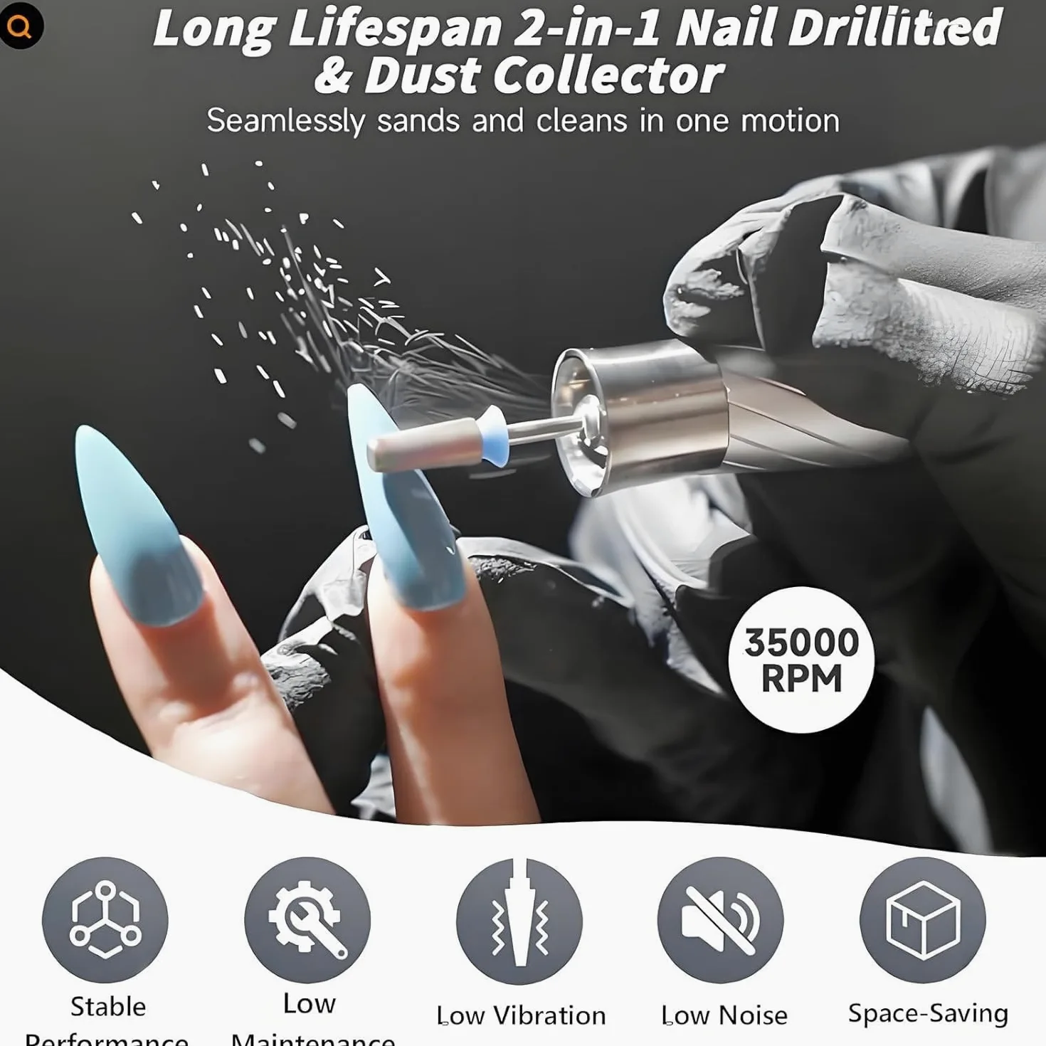Torno Eléctrico para Uñas 2-en-1 con Aspirador de Polvo, 30.000 RPM Velocidad Ajustable, Motor Brushless ≤68dB, Kit Completo con Filtro Lavable para Salón de Belleza