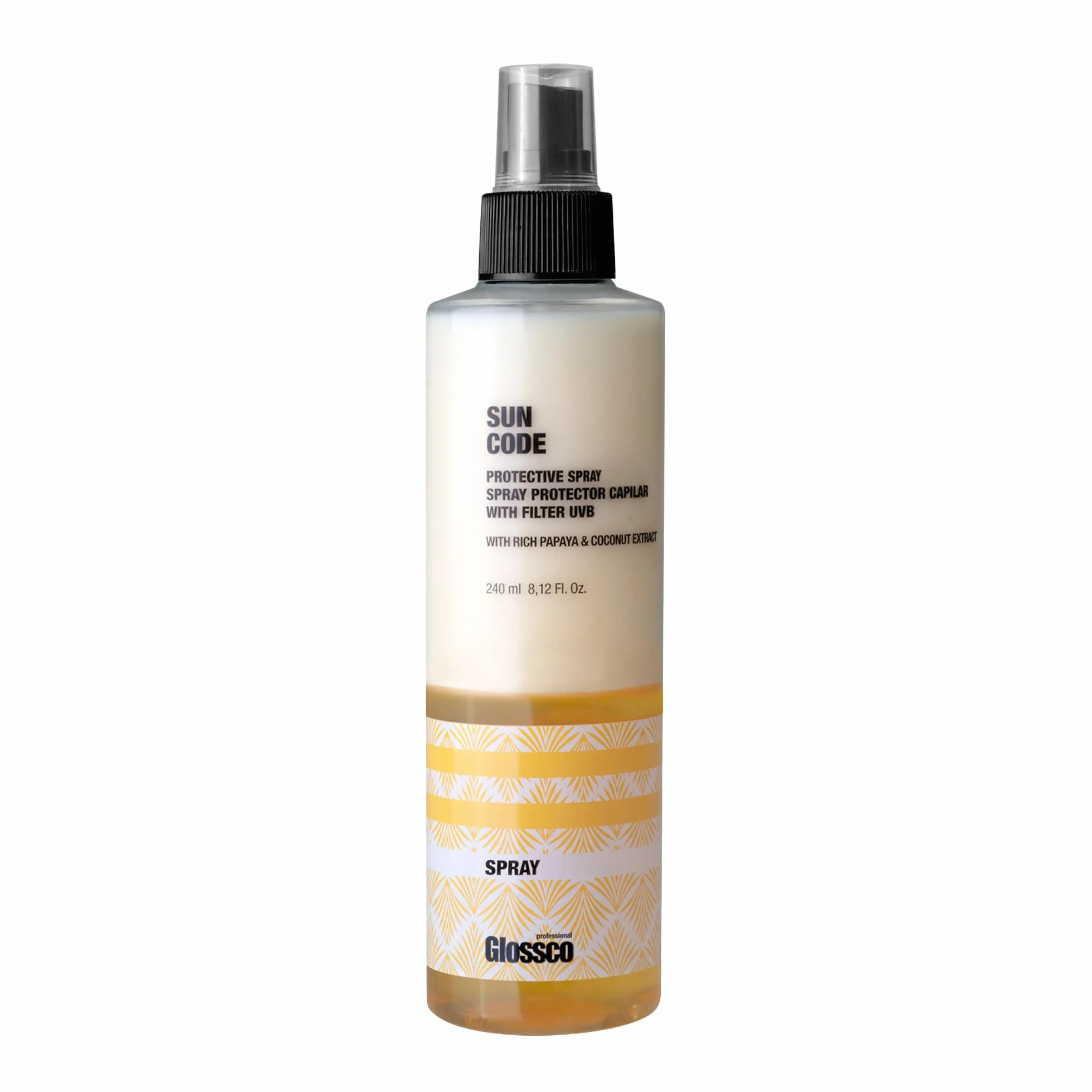 GLOSSCO PROFESSIONAL Spray Protector Solar Cabello UVB Protective Spray 240 ml Extracto de Papaya y Coco Protector UV Hidratación Profunda