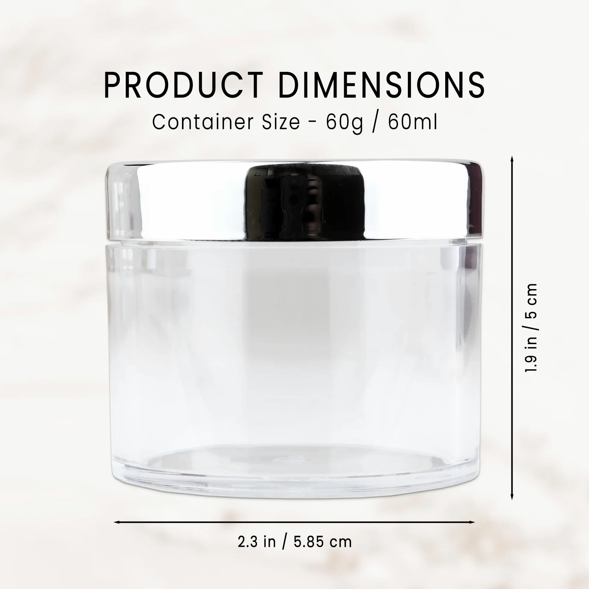 Beauticom 60 g/60 ml Premium redondo transparente a prueba de fugas de plástico frascos para almacenamiento de viaje maquillaje cosmético loción exfoliantes cremas aceites ungüentos plata