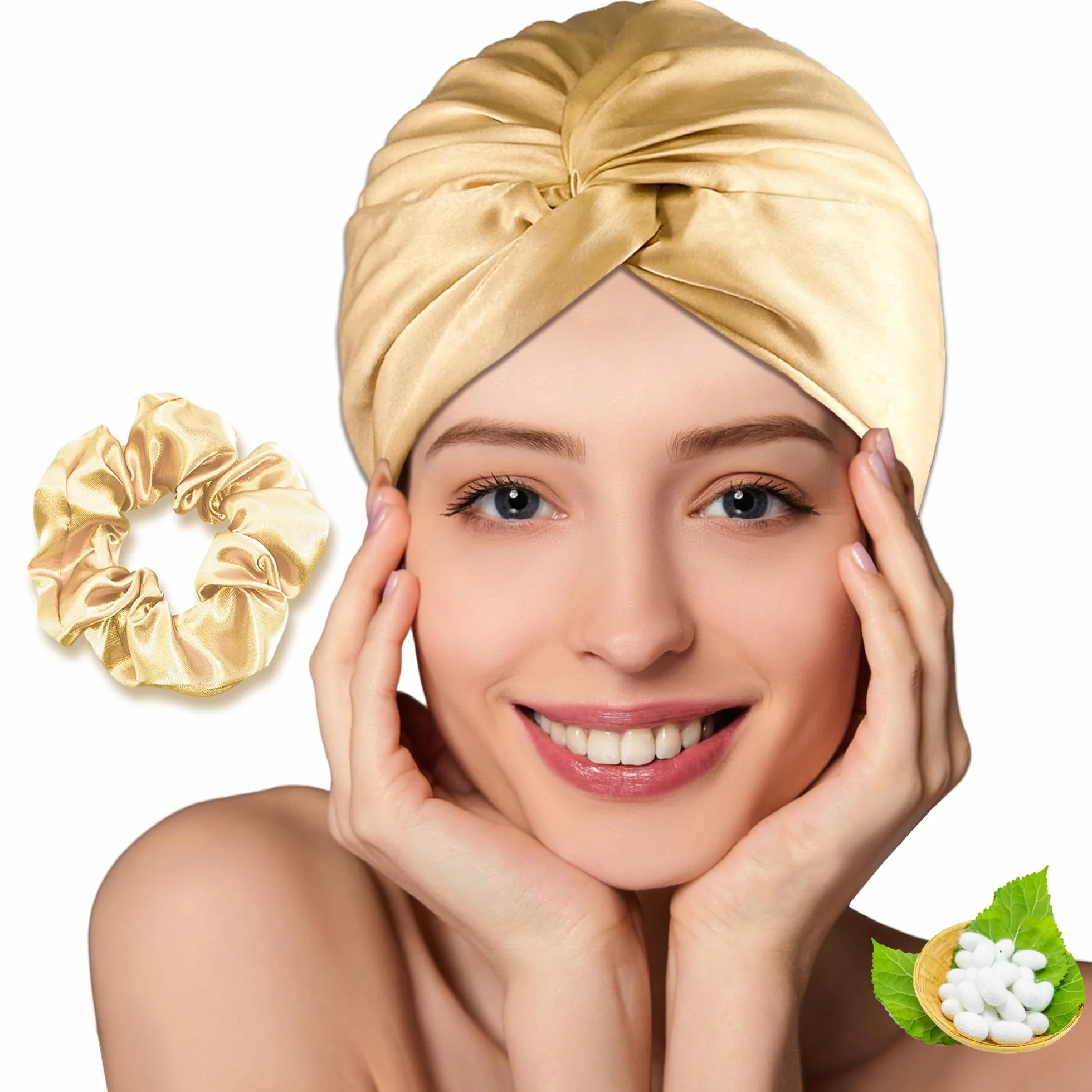 Simnice Gorro de seda de morera para dormir para mujeres y niñas, envoltura grande de seda de doble capa con banda elástica suave, turbante de seda antideslizante, champán