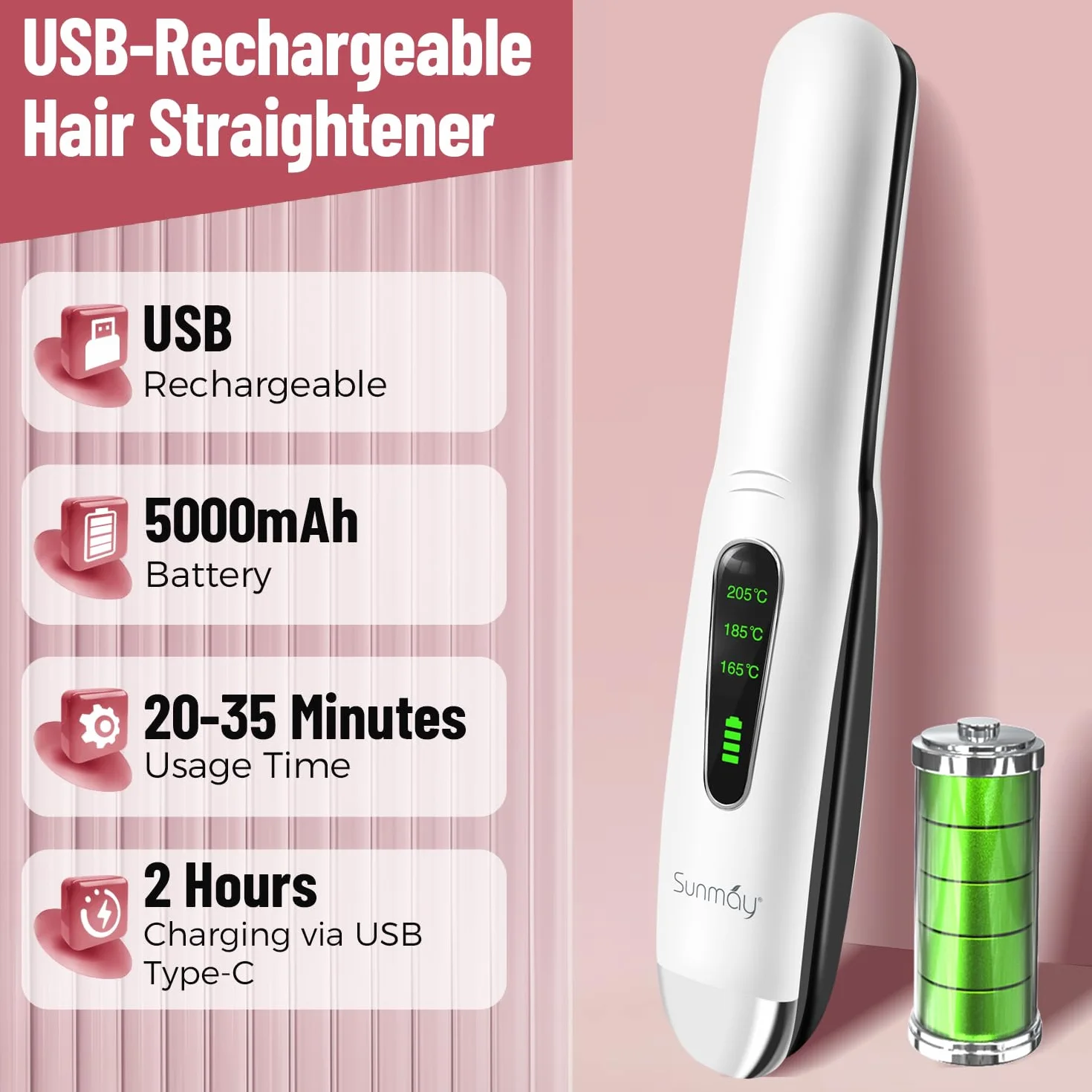 SUNMAY Voga Plancha Pelo Inalambrica 2 en 1, Plancha de Pelo y Rizador de Titanio Portátil, Mini Plancha Pelo Viaje USB 5000 mAh, 3 Niveles de Temperatura, Calentamiento Rápido (Blanco)