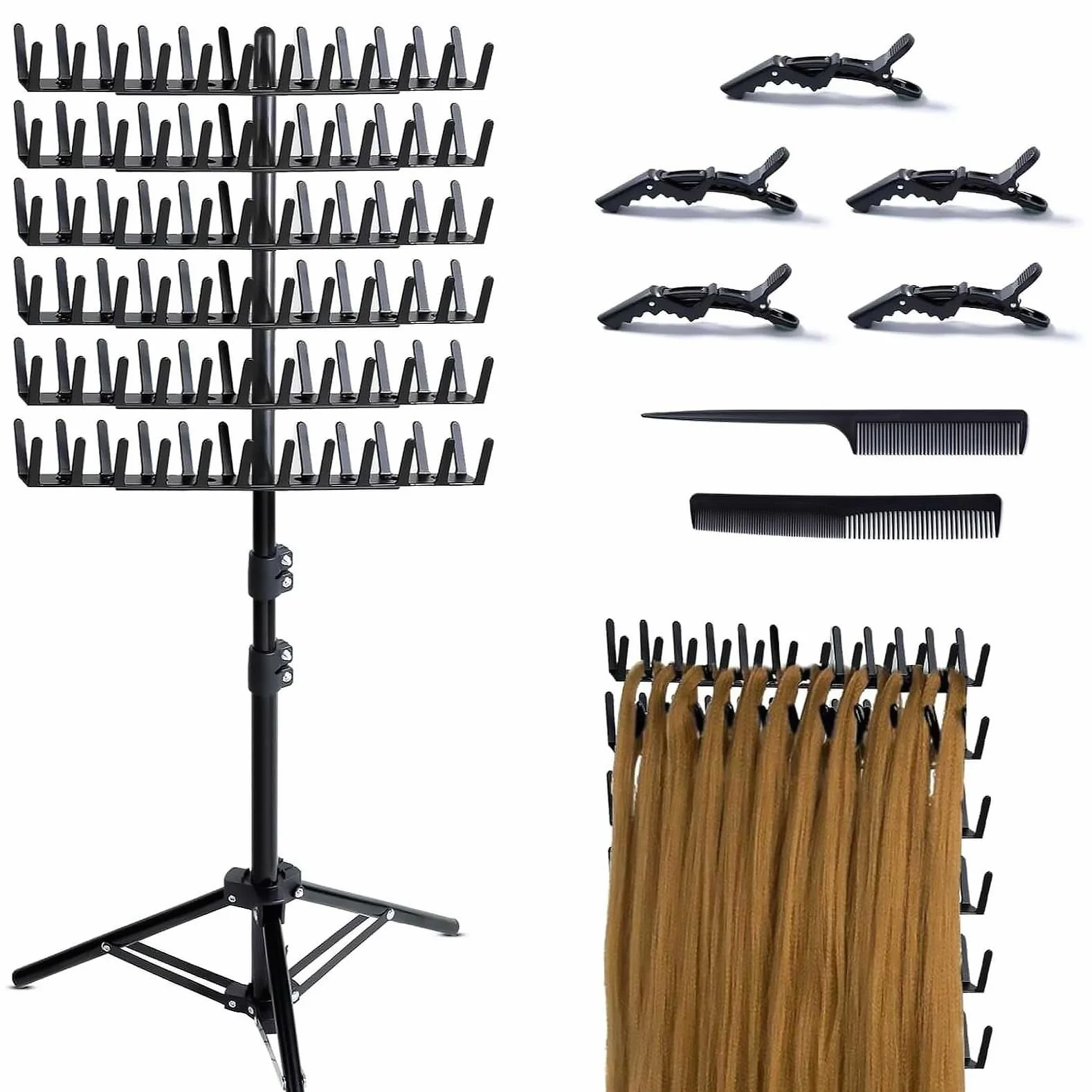 Soporte para extensiones de cabello de 144 pines, con 6 pinzas y 2 peines, soporte para extensiones de pelo para extensiones de pelo, altura ajustable y plegable, soporte para extensiones de