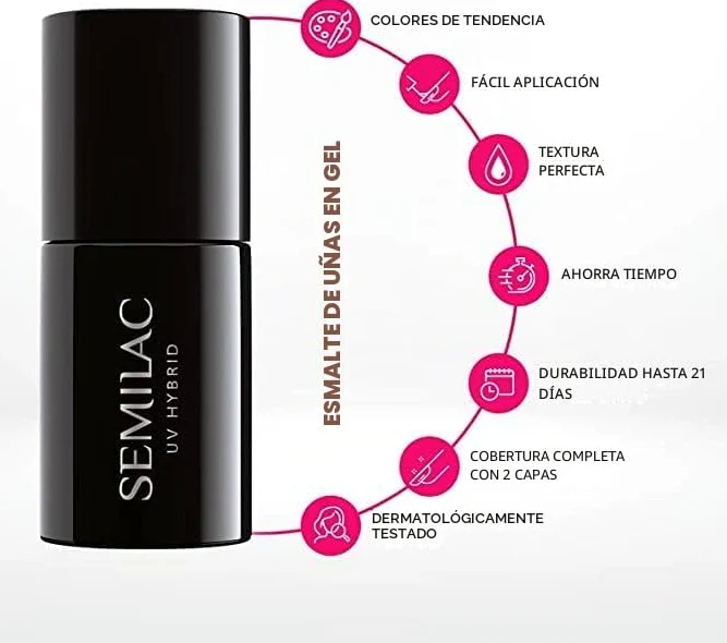 Semilac Base + Top + Esmalte de uñas de gel UV 057 Nudge Beige Rose de larga duración y fácil de aplicar, perfecto para usar en casa y para manicura y pedicura profesional