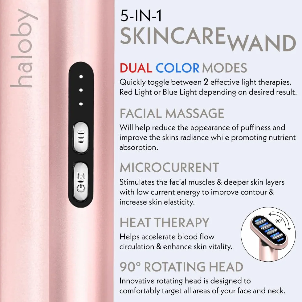Varita Facial 5 en 1 | Dispositivo de Microcorriente y Luz LED para Antienvejecimiento | Masajeador Facial Con Terapia de Luz Roja y Azul, Calor para Rejuvenecimiento