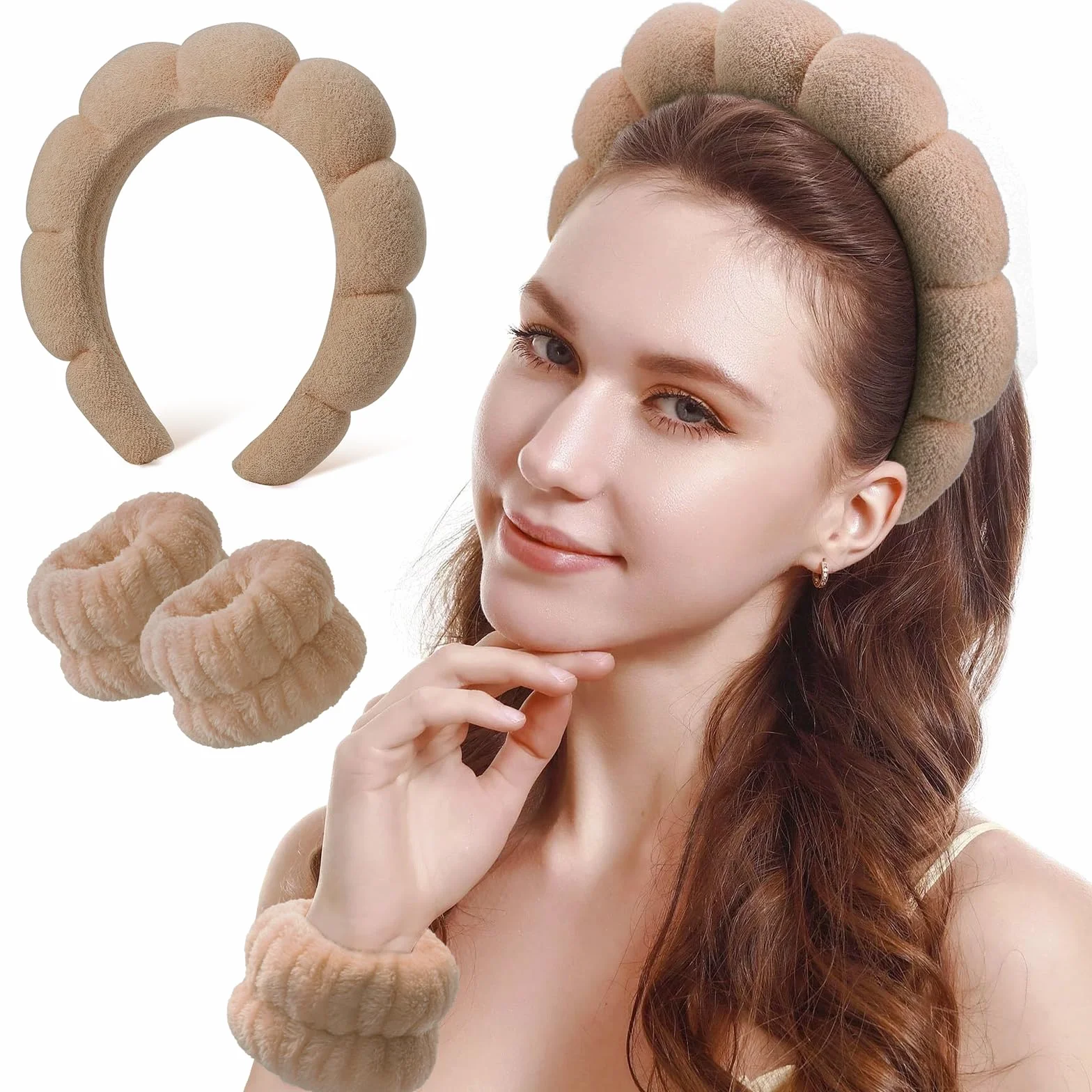 DRESHOW Diadema Spa para Lavarse la Cara Set de Muñequeras Esponja de Rizo Suave Maquillaje Cuidado de la Piel