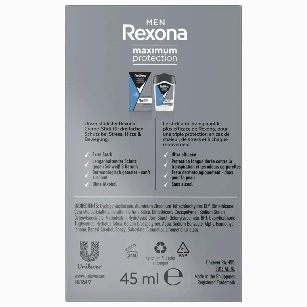 Rexona Men Maximum Protection - Desodorante antitranspirante con 48 horas de protección contra la sudoración intensa y el olor corporal, 45 ml, 6 unidades