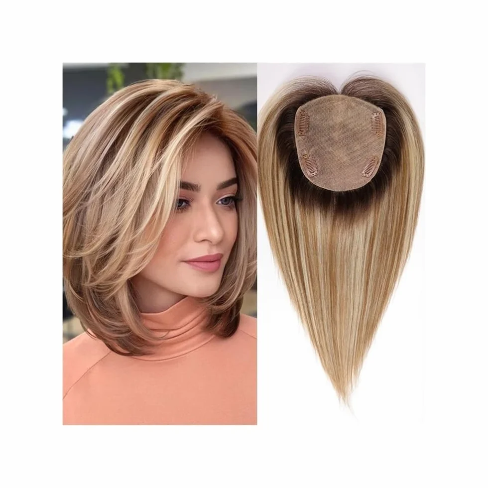 Topper para cabello de 12 pulgadas para mujeres con cabello humano, 5"x5.5" amplia cobertura para mujeres con cabello adelgazado Extensiones para Cabello(With Bangs,Ombre Honey Brown)