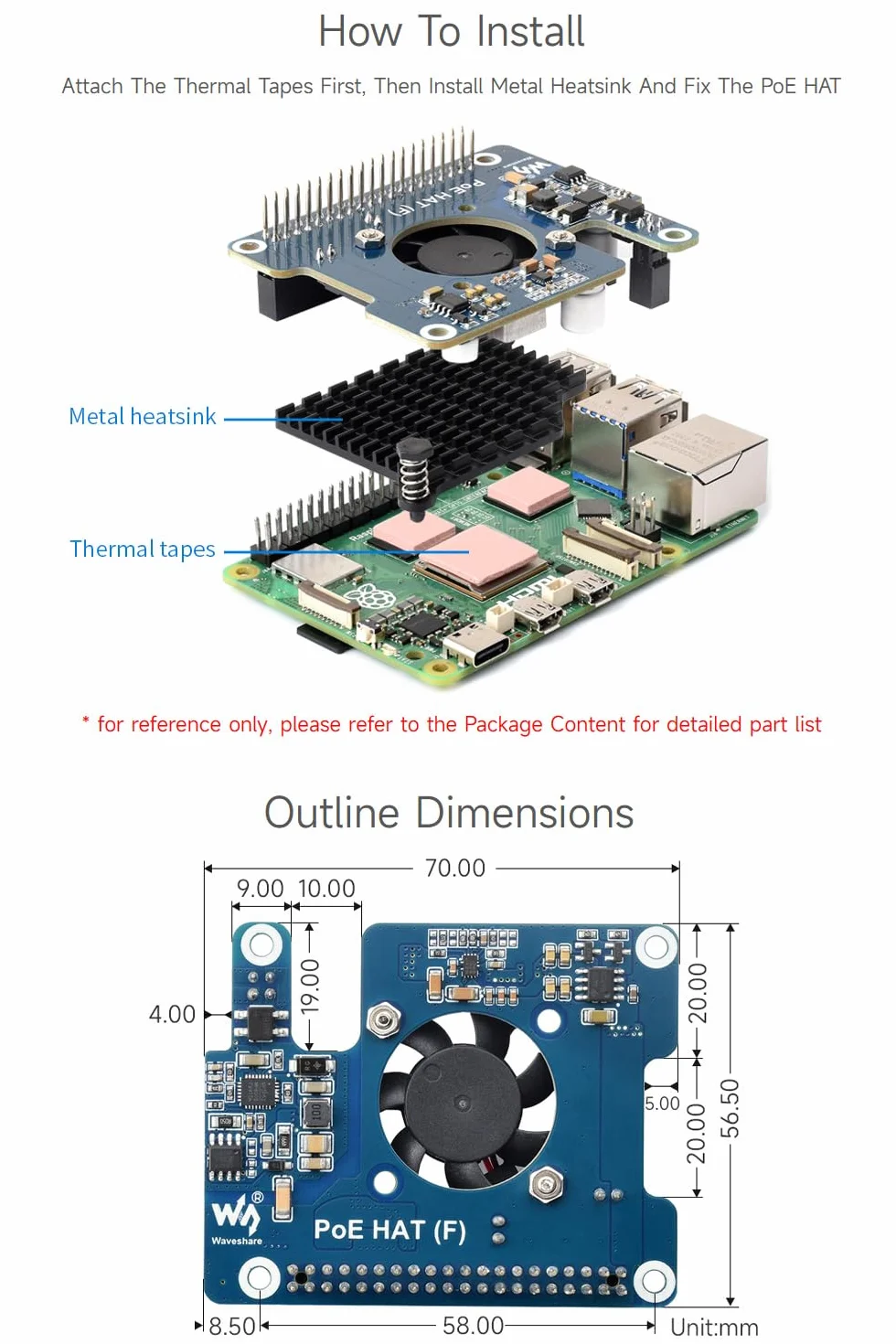 Waveshare PoE Hat (F) for Raspberry Pi 5, High Power, Onboard Fan, Metal Heatsink, 802.3af/at