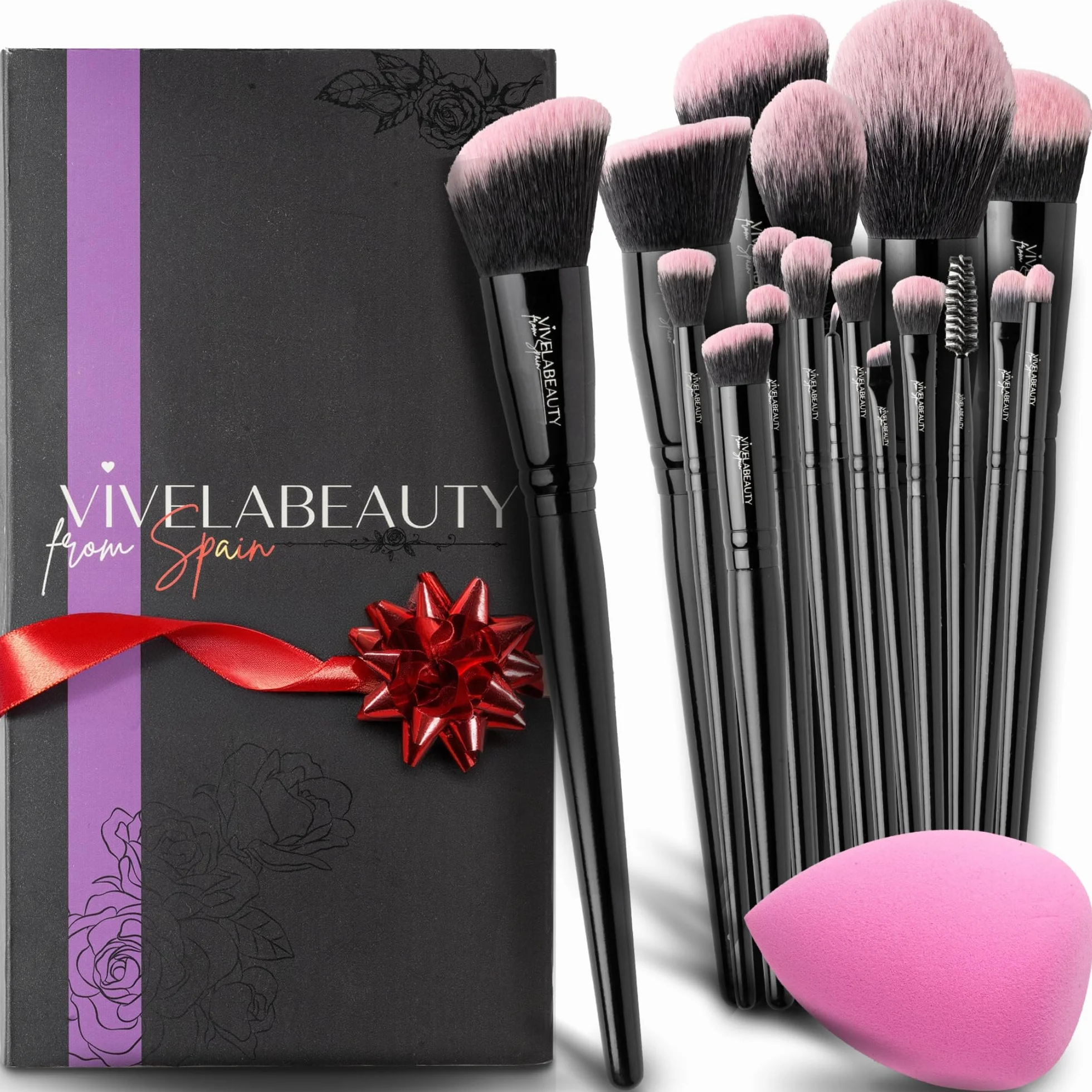 VIVELA 18 Brochas de Maquillaje Profesional con Esponja, Pinceles Negro Perla para Base Polvos Colorete