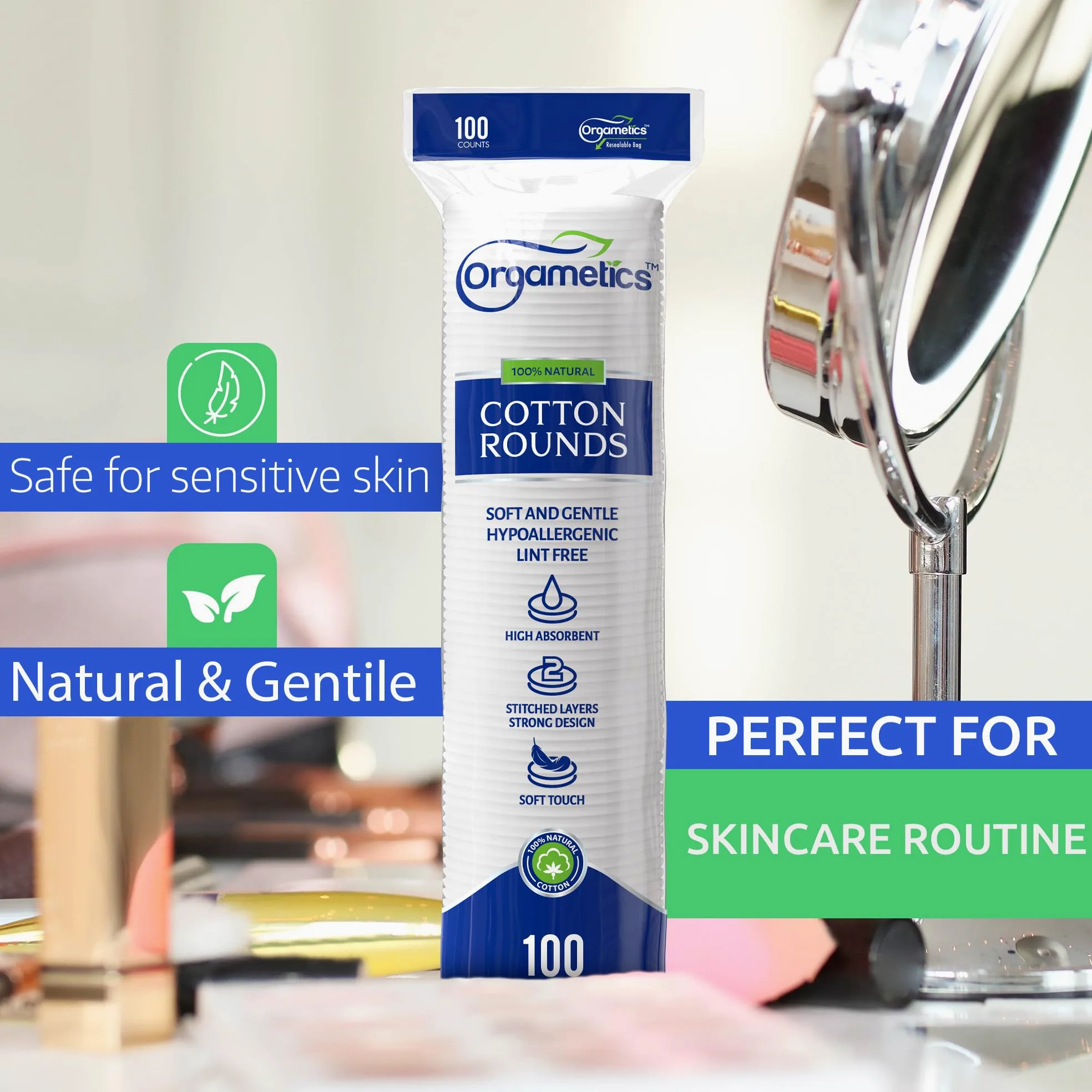 ORGAMETICS Cotton Rounds, 100% algodón turco natural premium removedor de maquillaje y limpieza facial almohadillas redondas de algodón, sin pelusas, hipoalergénico y ultra suave, 2.25 pulgadas de