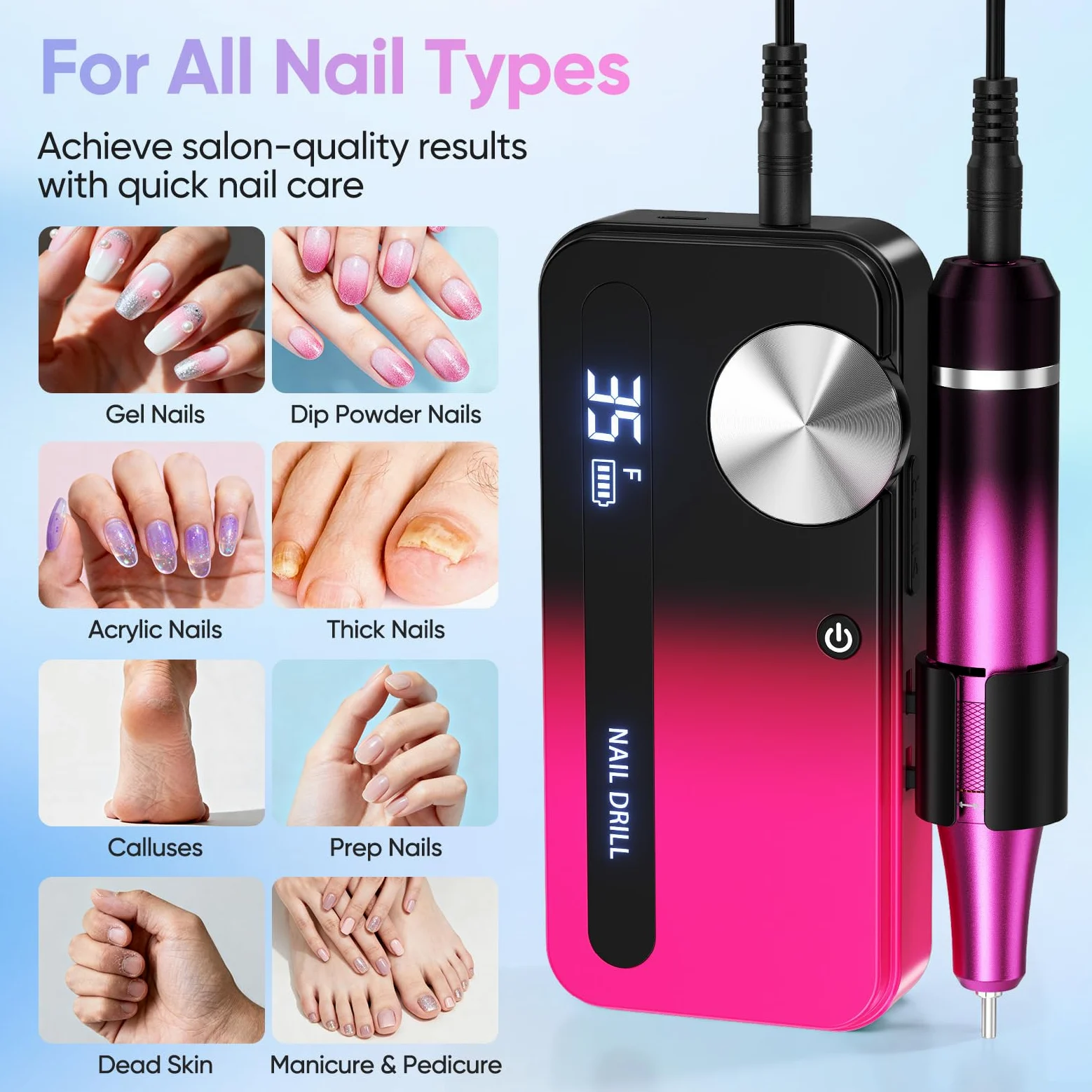 Taladro de uñas eléctrico con 12 accesorios de pulido y 30 bandas de lija, 0-35.000 rpm, set de manicura/pedicura para manicura y pedicura para cortar, limarlas, dar forma, cuidar las uñas y la