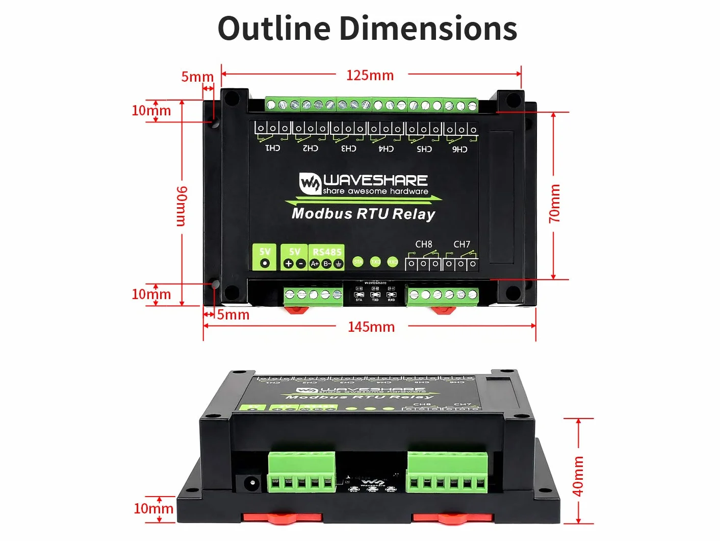 Waveshare Industrial Modbus RTU Relay Module 8-Ch RS485 Multi Isolation Protection