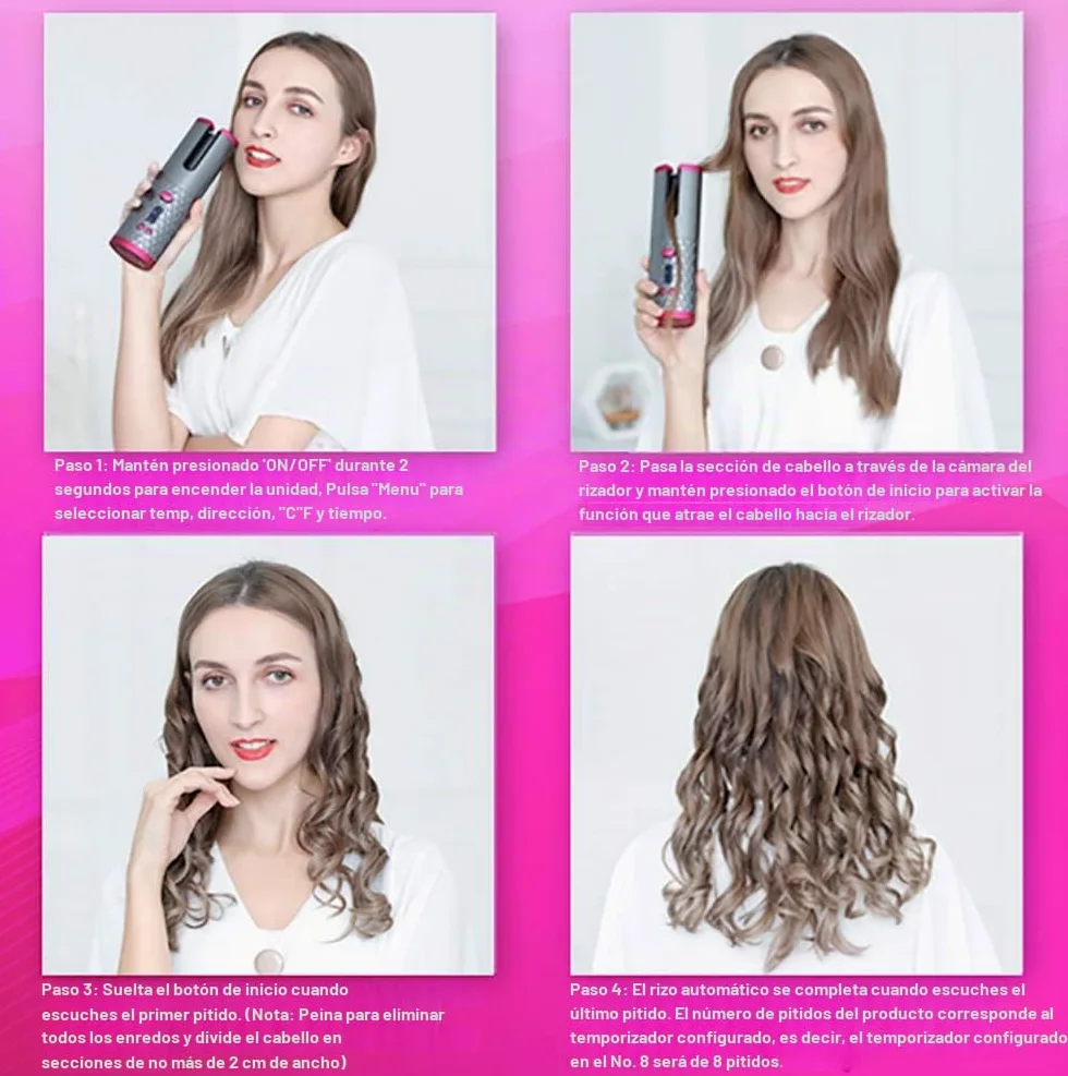 Rizador pelo Automático, Inalámbrico, Ondas, Ondulador Rizos, Portátil Barril de Cerámica de Calentamiento Rápido con Temperatura y Temporizador Ajustables.