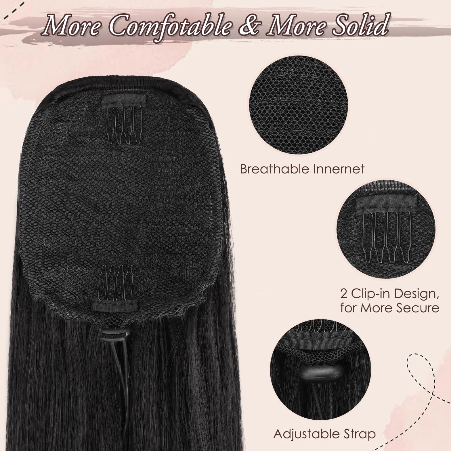 Natural Coleta Postiza pelo 70 cm Largo Liso Cola de Caballo Extensiones Sintetico para Mujeres Negro