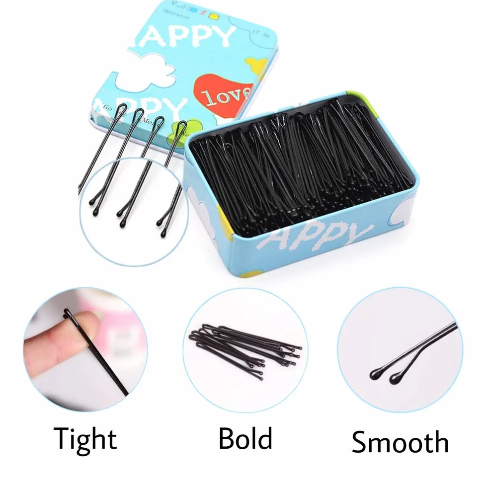 Horquillas de Metal Onduladas para Mujer, 200 Pinzas con Caja Portátil (negra)