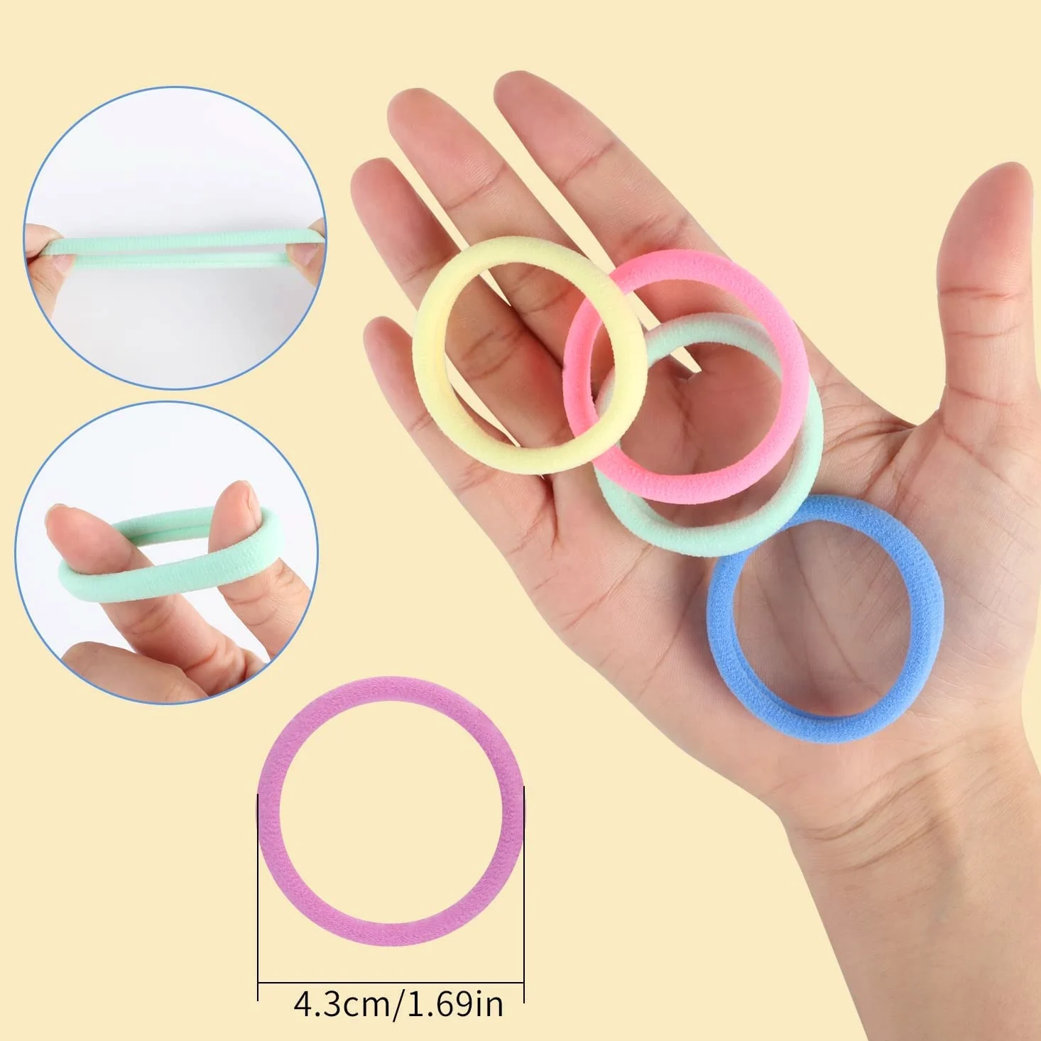 Cintas coloridas para el cabello para mujeres y niñas, 100 bandas de algodón sin costuras para cabello grueso y fino, soportes suaves para cola de caballo, sin arrugas, sin dañar el cabello elásticos