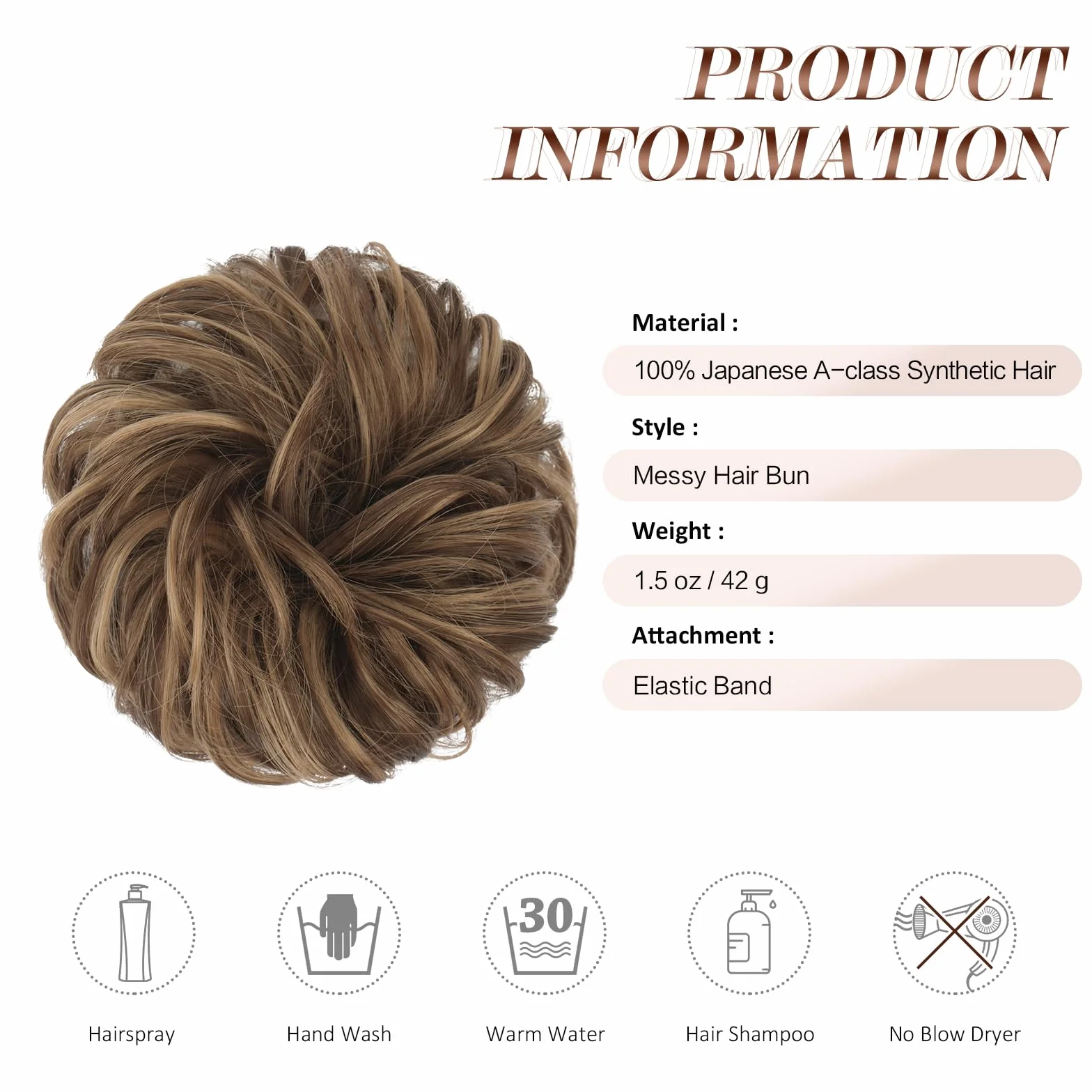 FESHFEN Moños Postizos Pelo Natural Rizado Ondulado Castaño Ceniza Claro Mezcla Castaño Dorado 42 g