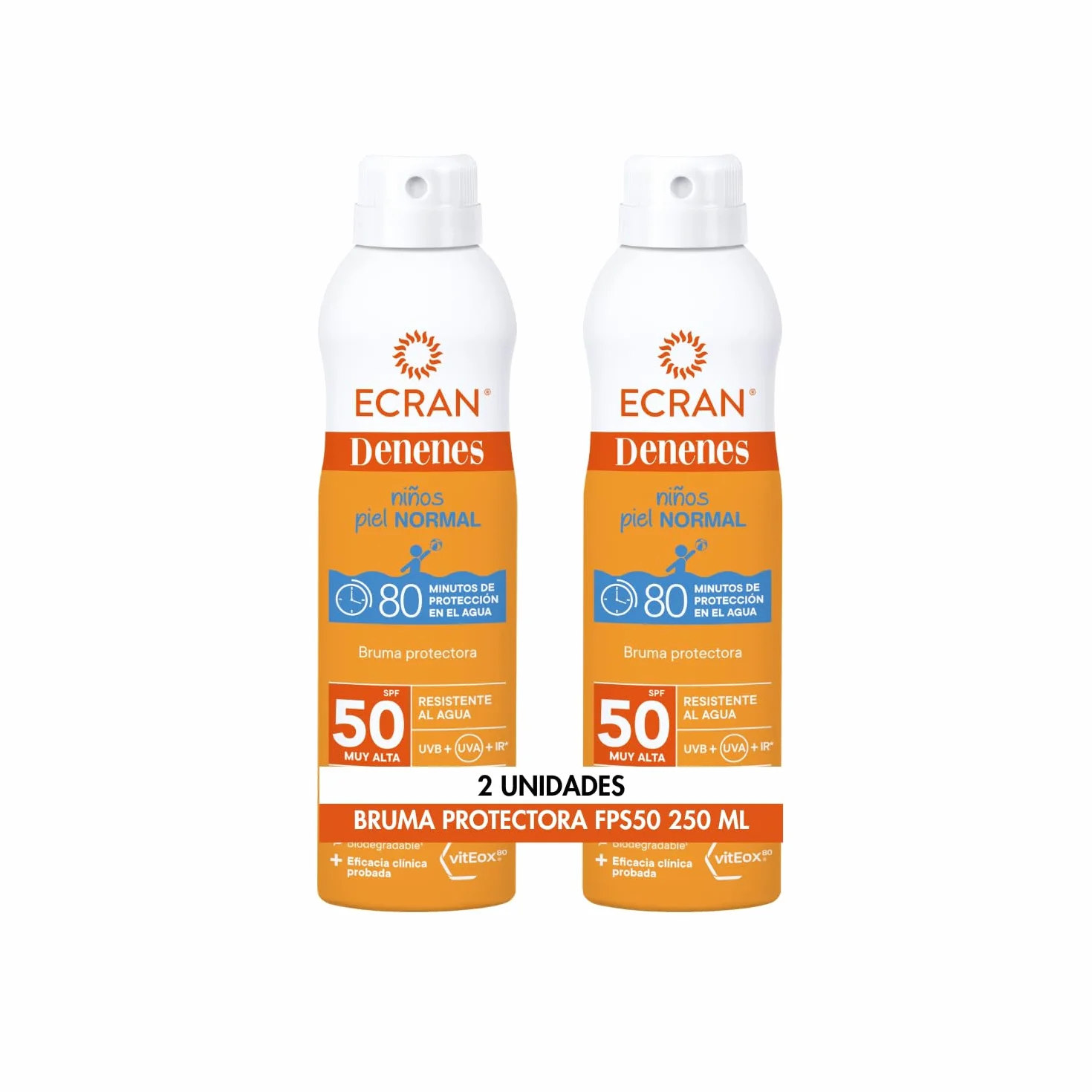Denenes Bruma Protectora FPS 50 Niños 80 Minutos Protección UVB UVA IR-A Extracto Algodón Pantenol Vitamina E 2 x 250 ml