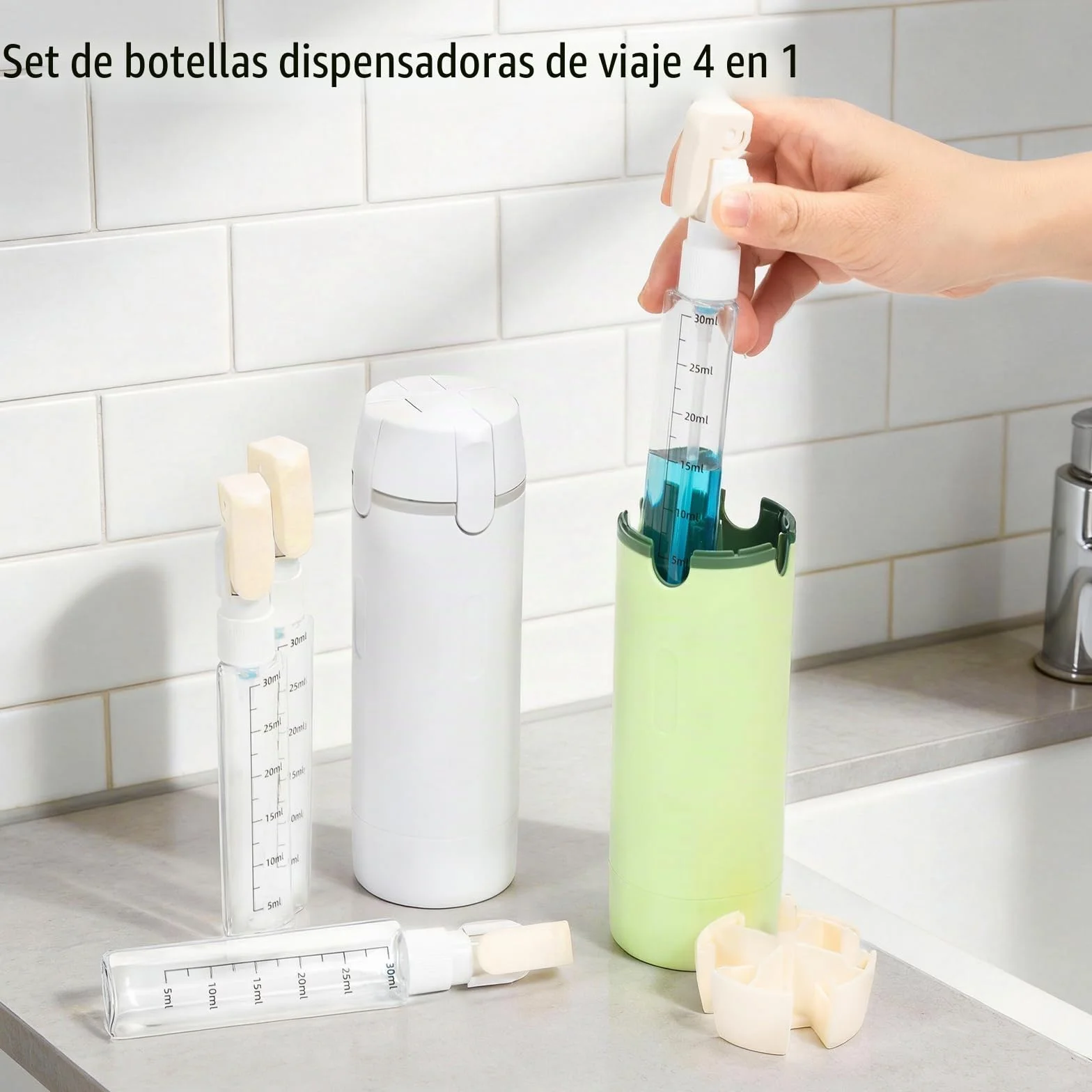 Zouwel Set de frascos dispensadores de viaje 4 en 1 recargables a prueba de fugas para champú lociones acondicionador