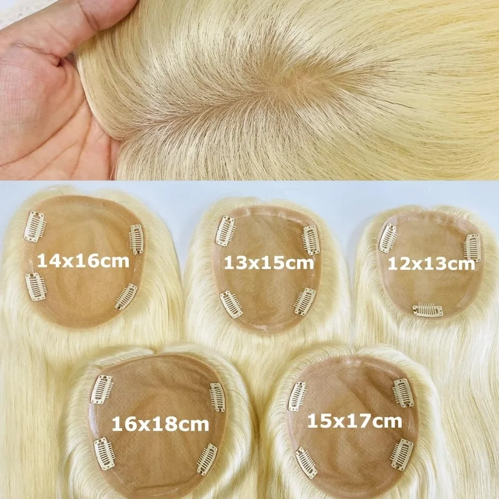 Extensiones de cabello con clip for mujer, cabello humano natural fino, sin raya ni flequillo, liso sedoso, color rubio 613#. para mujeres encantadoras(14 inch,13x15cm)