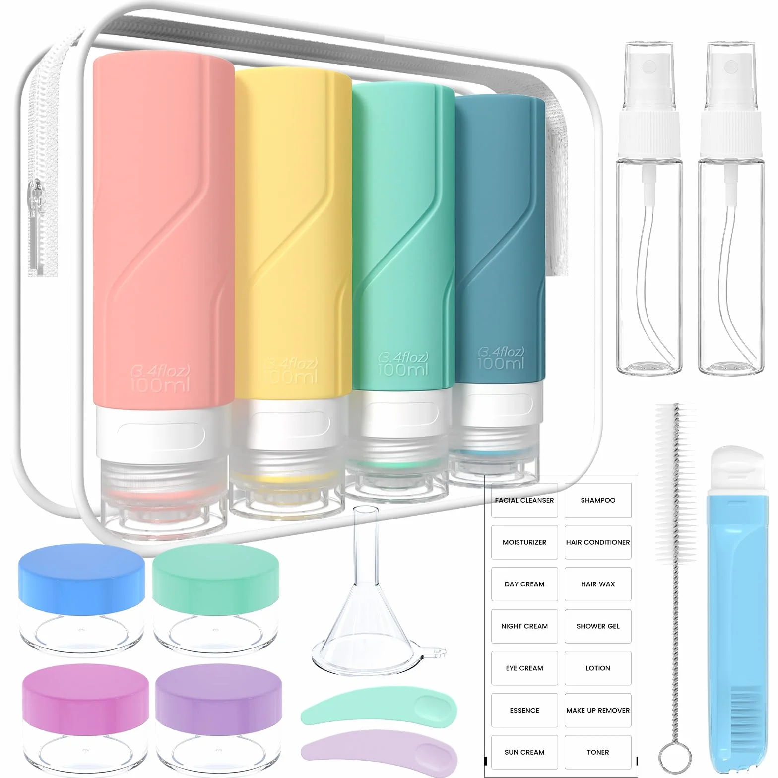 Botellas de Viaje Silicona 100ml 17 Pack - Botes Rellenables a Prueba de Fugas Sin BPA