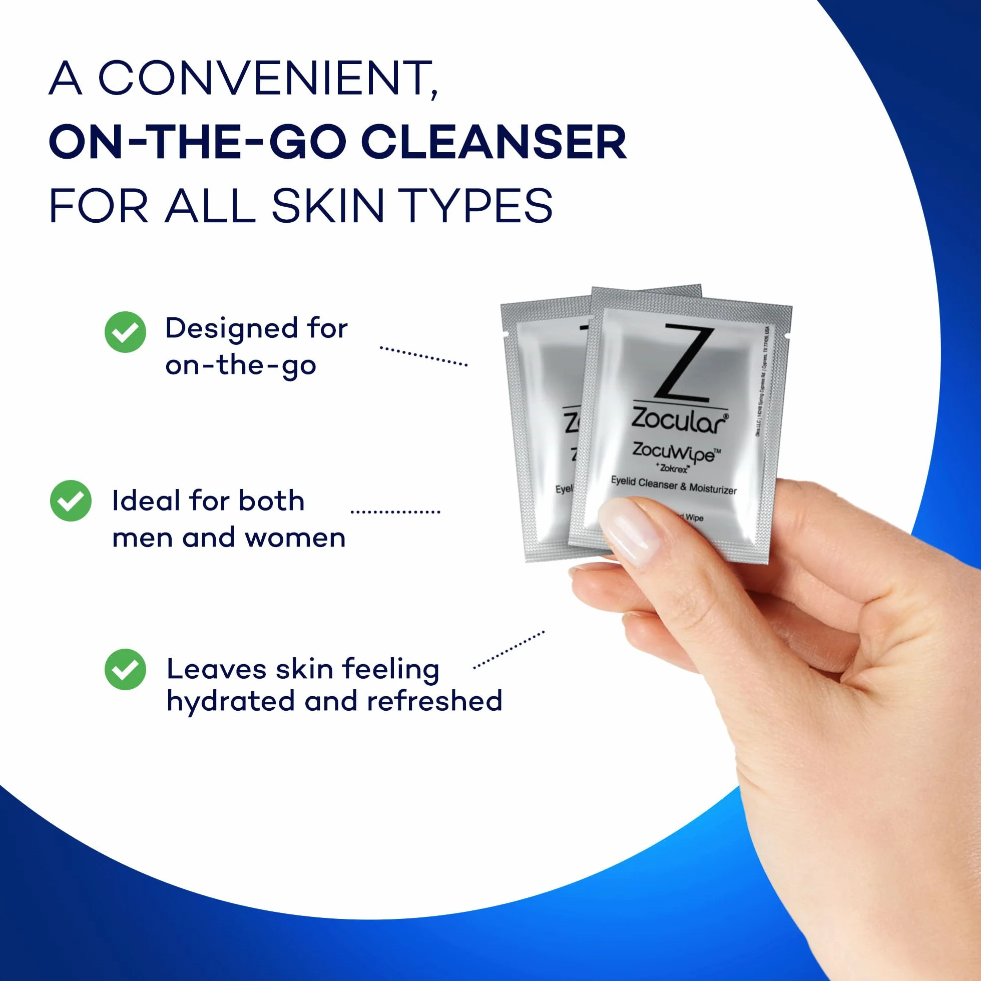 Zocular ZocuWipe - Toallitas limpiadoras de párpados con complejo de okra natural, limpiador diario suave de párpados y almohadillas hidratantes, desmaquillante y toallitas higiénicas para los ojos