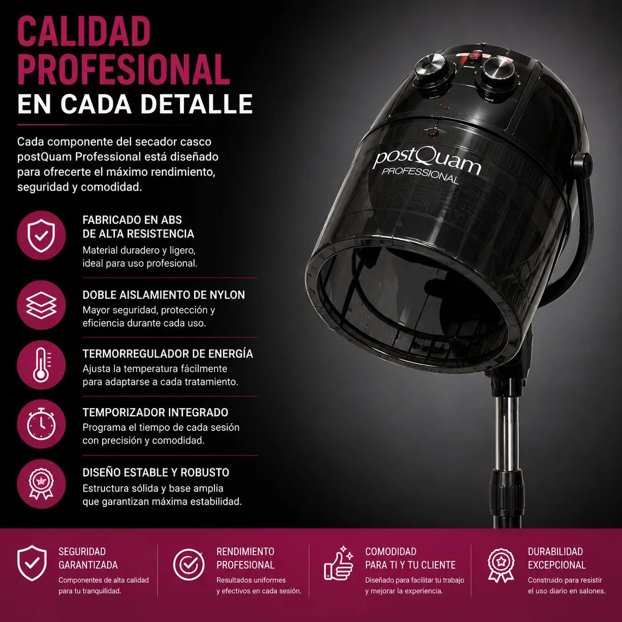 Italian Design Secador Casco 2 Speed Termo Regulador Tiempo Campana Plástico Ahumado Altura Ajustable 86-122 cm Ruedas Flexibles