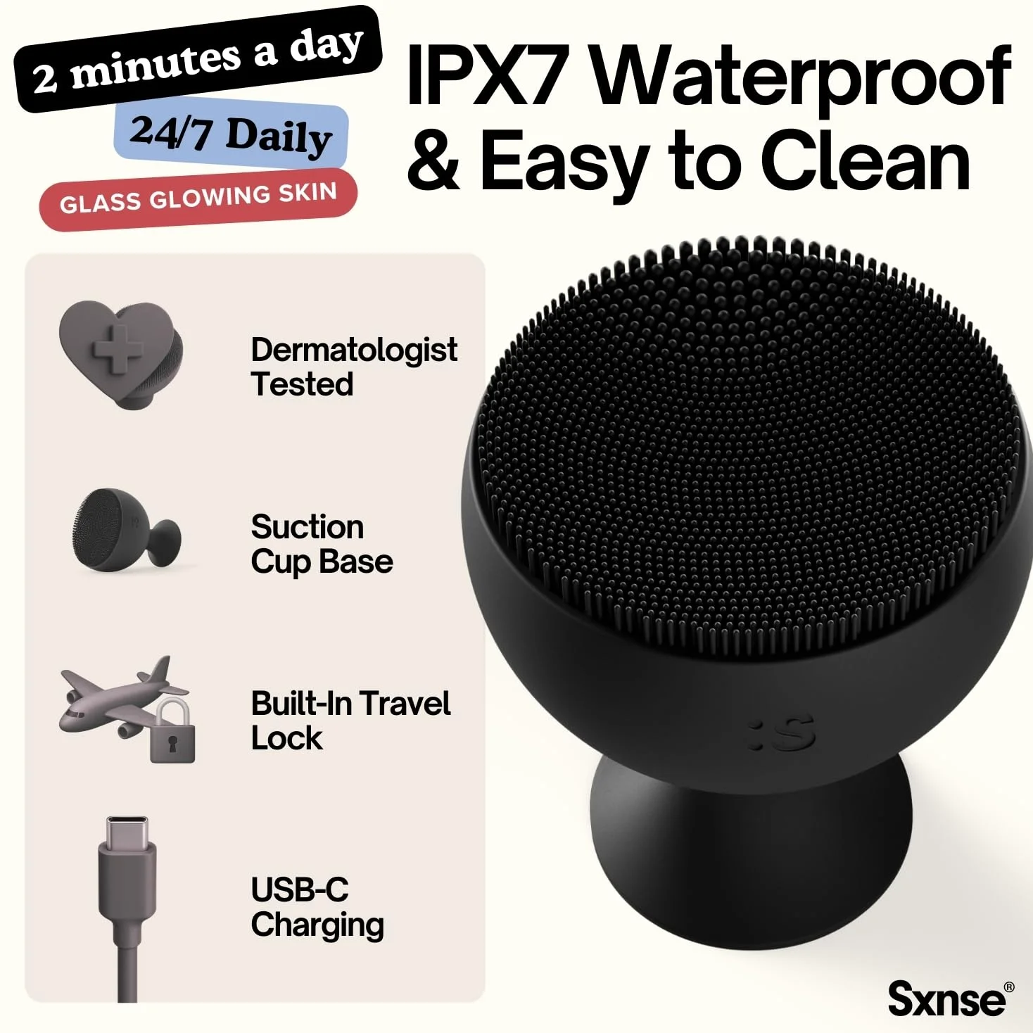 Sxnse Palm Silicone Face Scrubber – Cepillo eléctrico compacto de limpieza facial para acné, poros y maquillaje – Exfoliador facial impermeable con 3 velocidades – Herramienta recargable para el