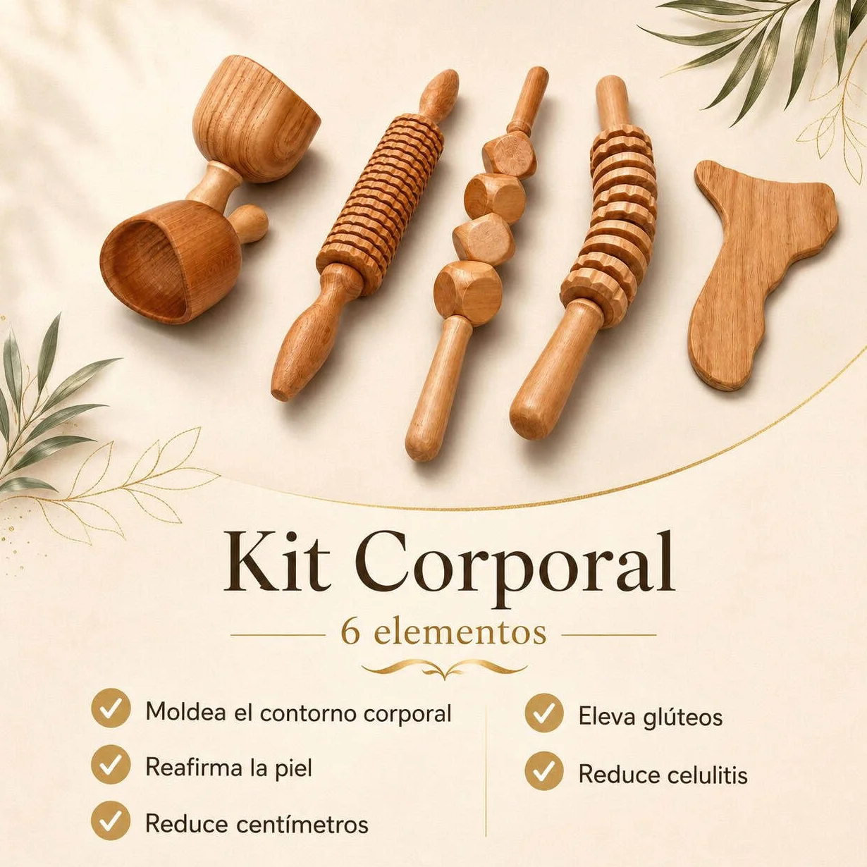 Kit Maderoterapia Anticelulítica | Kit Maderoterapia Corporal | Kit Compuesto de 6 Elementos Fabricados en Madera de Pino y Loto Natural | Diseños Exclusivos Maderoterapia Estética España