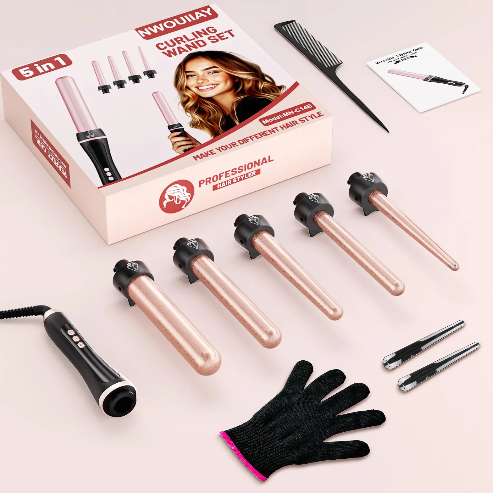 Rizador de Pelo 5 en 1 Cerámica Temperatura Ajustable 80-230°C Pantalla LCD Carcasas Reemplazables 9-32mm Calentamiento Rápido Apagado Automático Guantes Protección