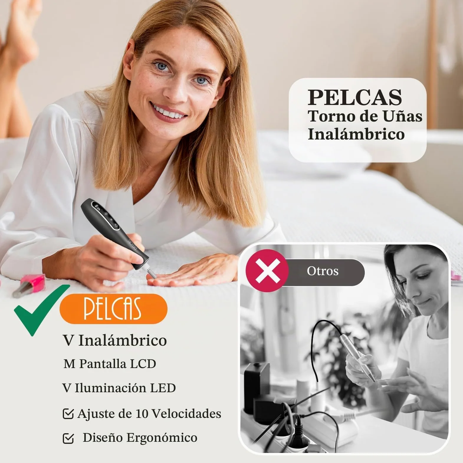 PELCAS Torno para Uñas 10 velocidades Torno para Uñas Profesional Inalámbrico con Pantalla LCD y Luz LED Lima Eléctricas Uñas Recargables Set de Manicura y Pedicura para Salón DIY