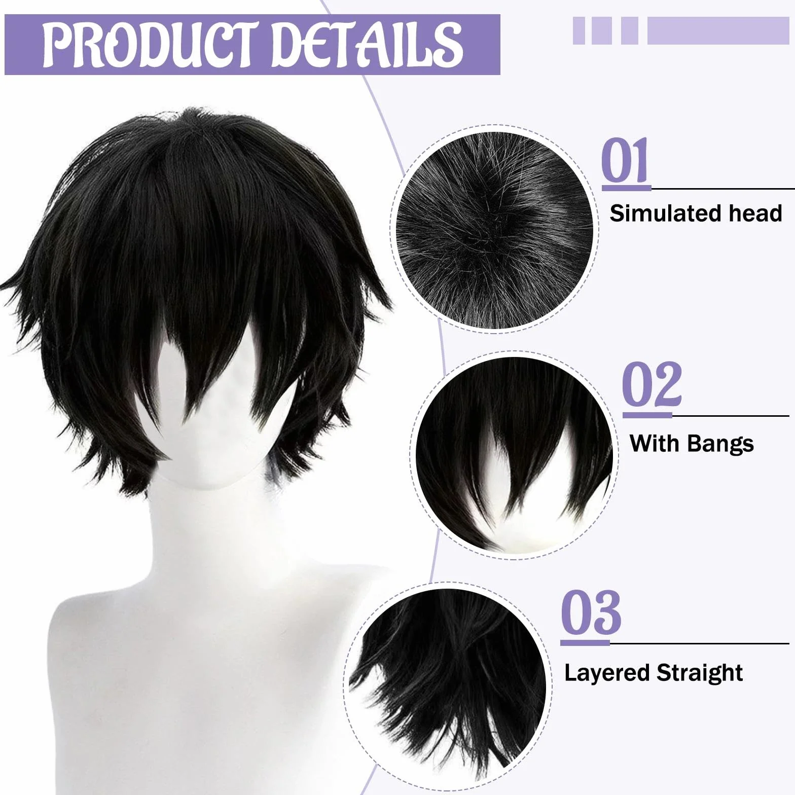 Peluca Corta Negro Lacio Cosplay para Halloween Fiesta