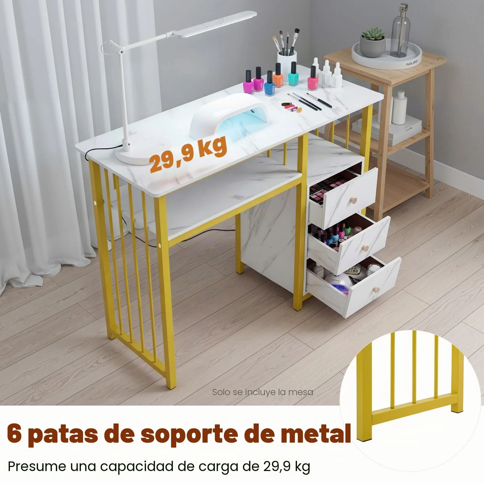 Escritorio de manicura, 3 cajones, mesa de manicura, mesa de manicura, textura de mármol, para Nail Tech y salón de belleza, 100 x 40 x 76 cm