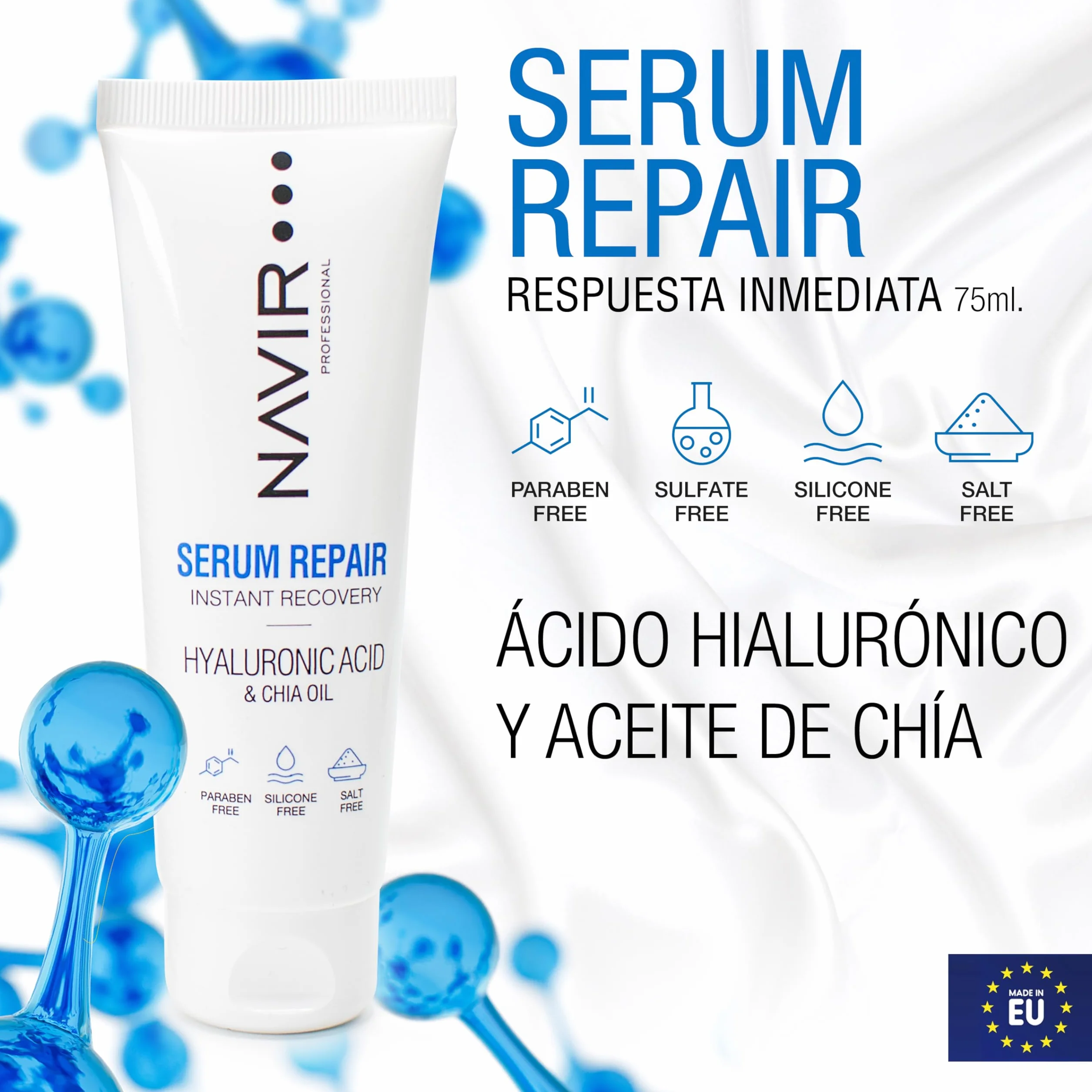 NAVIR Profesional | Sérum pelo seco y dañado con Ácido Hialurónico, Keratina y Aceite de Chía – Anti Frizz e hidratación profunda – Tratamiento hidratante cabello – Sin sulfatos ni parabenos - 75 ml