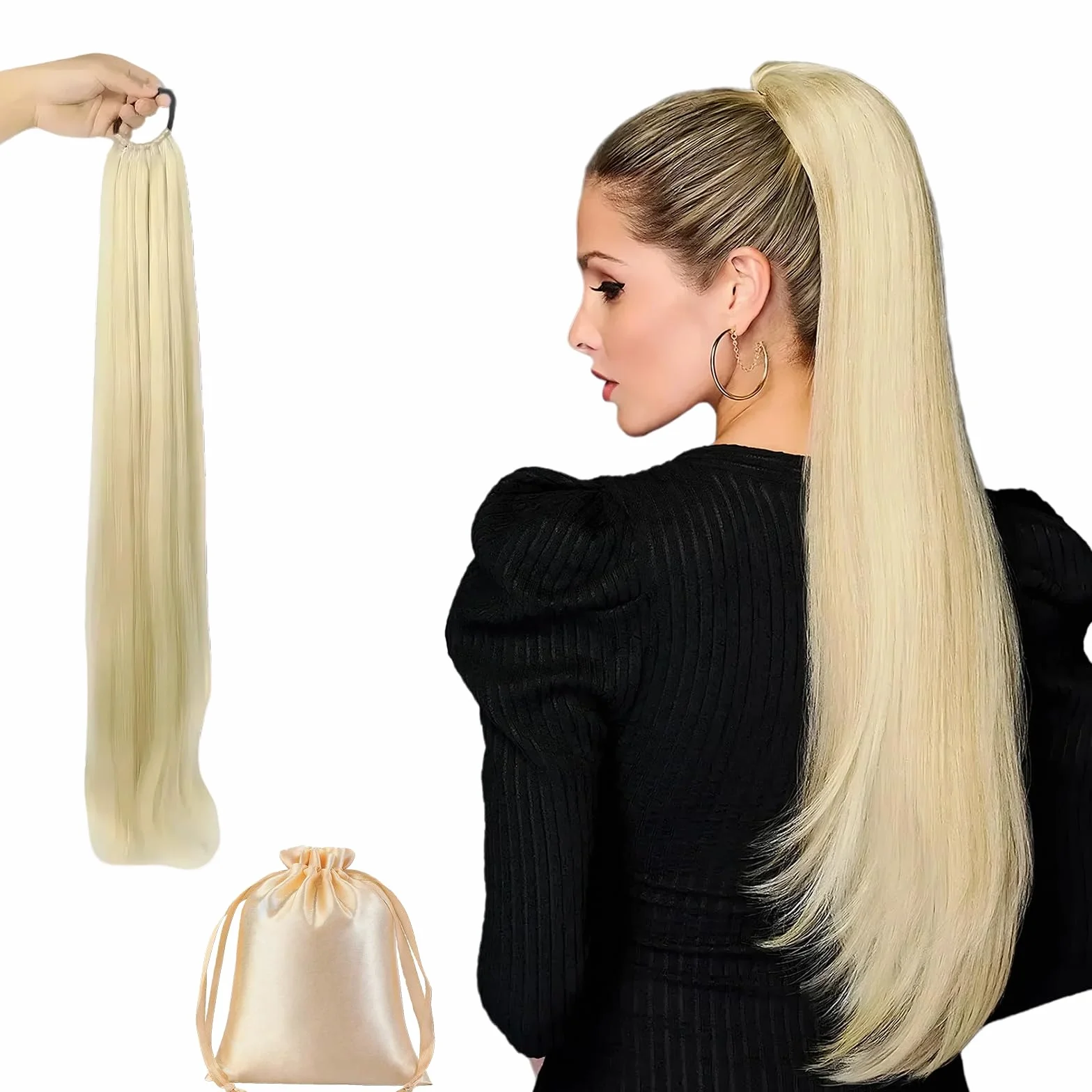 Coleta Postiza Rubia de Pelo Natural con Bolsa de Regalo – Extension de Cabello tipo Ponytail Humano Larga