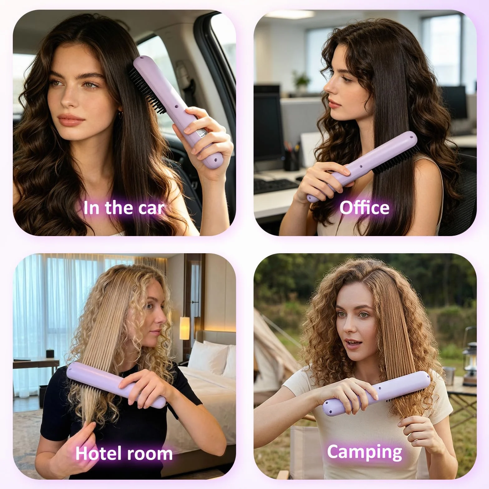 Cepillo Alisador Pelo Inalámbrico Recargable USB 4 Temperaturas 140-200°C Portátil Viaje Morado