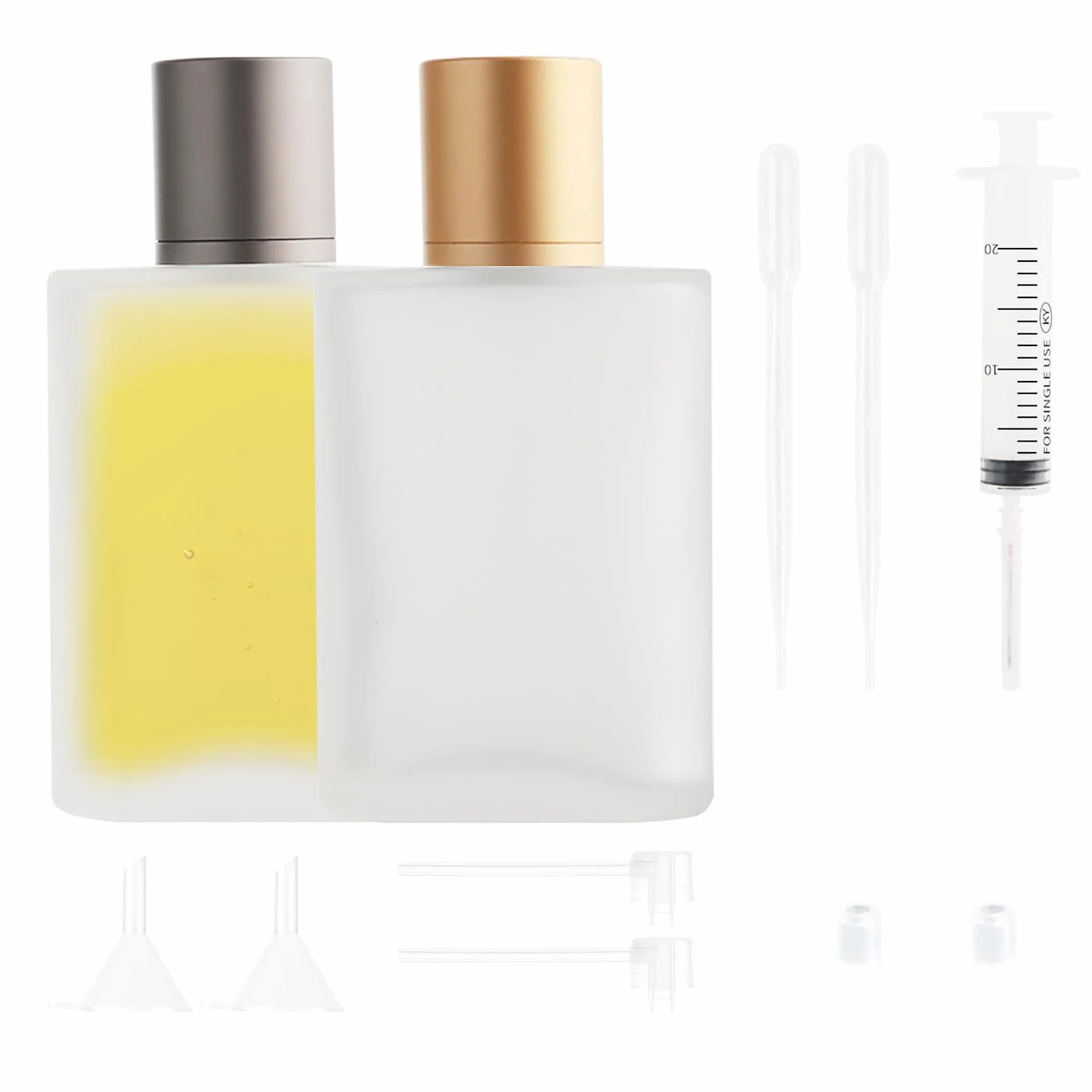 Atomizador Perfume Recargable 100ml 2 Piezas, Pulverizador Cristal Portátil con Dispensador y Embudo, para Viajes Cosmética (Oro+Plata)