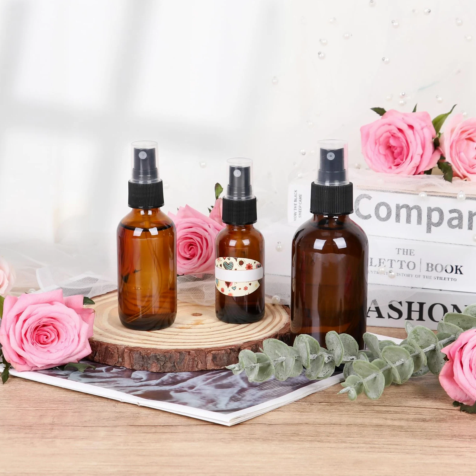 Paquete de 24 botellas de spray ámbar de 1 onza con pulverizador de niebla fina, botellas de viaje de vidrio de 30 ml para aceites esenciales cosméticos, soluciones de limpieza, perfumes y