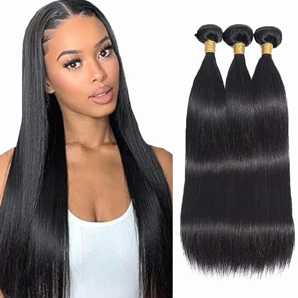28 30 32 pulgadas peluca recta mujer paquetes human hiar sin procesar extensiones de cabello humano virgen brasileño #1B Natural negro cabello humano paquete con una cobertura mínima para