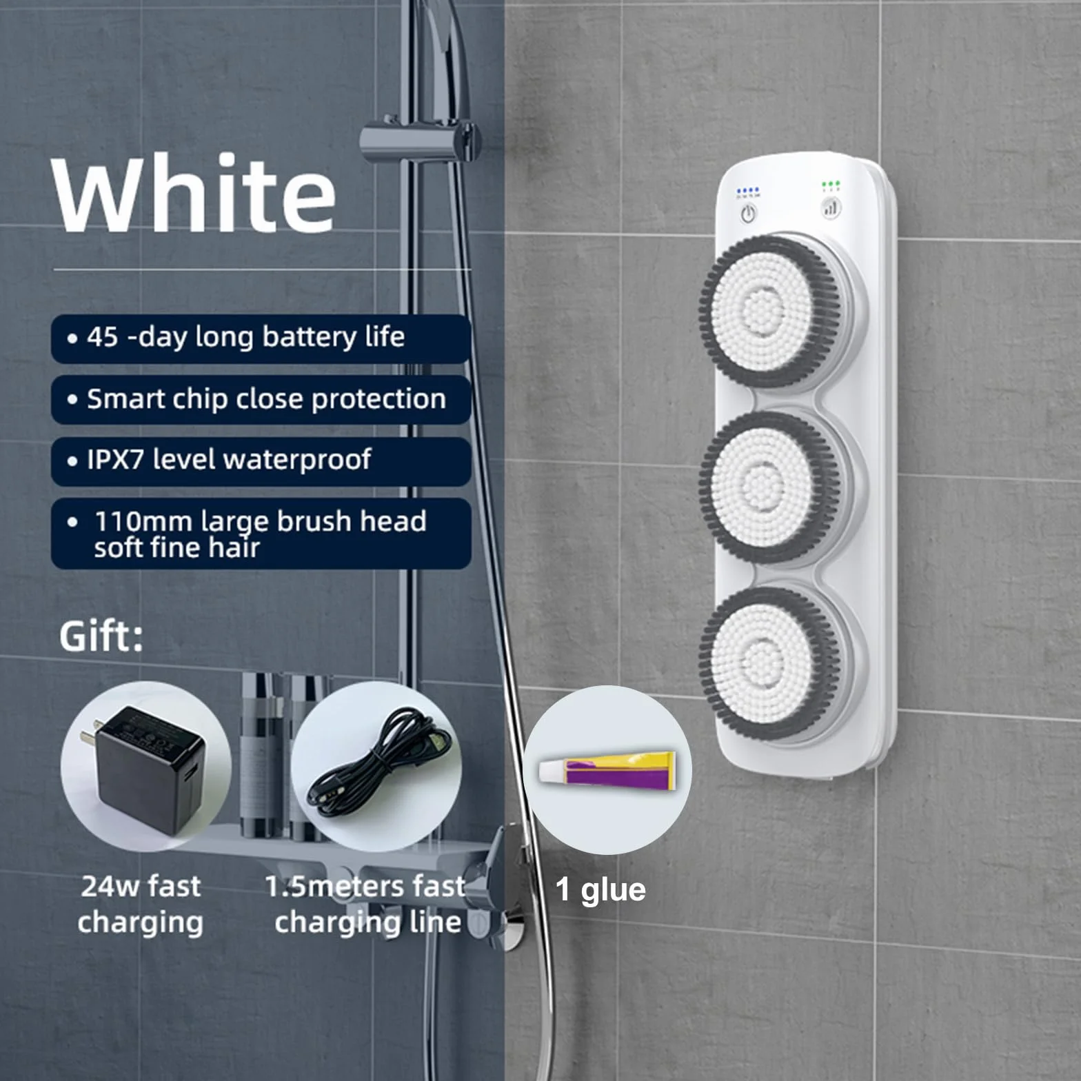 Cepillo eléctrico de Espalda para Ducha de Pared, Cepillo Corporal de Cepillado en seco para baño, Limpieza, exfoliación y Masaje, con 3 Cabezales giratorios.